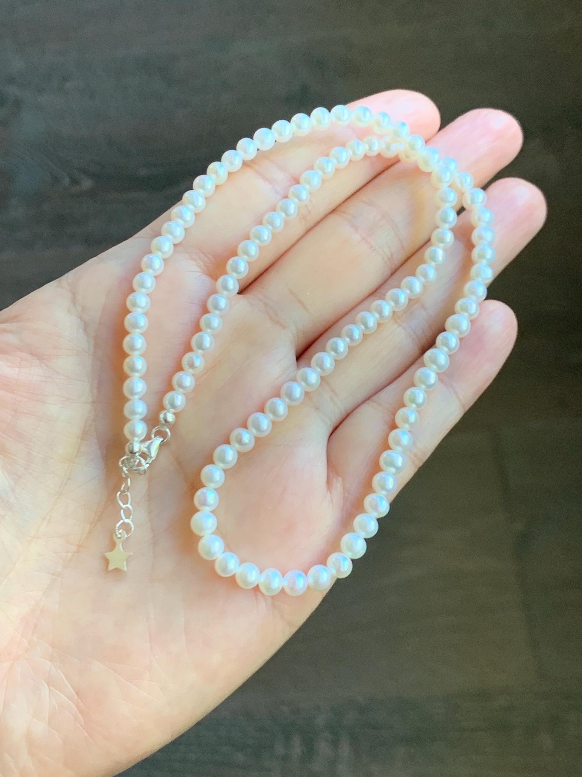 Natural Freshwater All-Nacre Metallica White Mini Round Pearls Beaded Necklace Sterling Silver 4-4.7mm 15.75”-16.5” 10g 天然淡水无核白珍珠项链 MWHZ560B