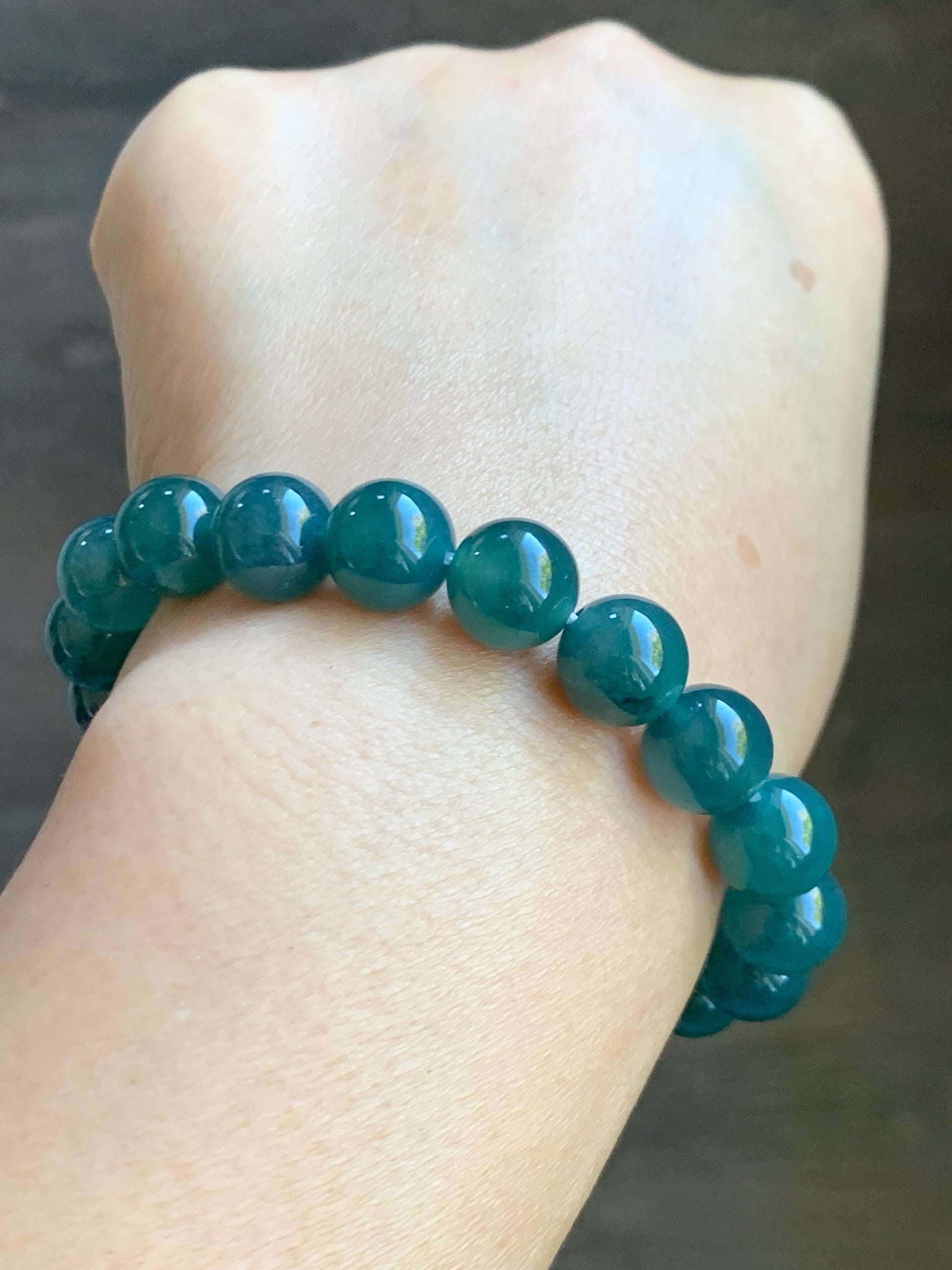 Natural Guatemalan Grade A Icy Translucent Gelatinous Dark Teal Green Jade Jadeite Beaded Bracelet 9.8mm 7.25” 33g 天然冰危深蓝绿翡翠圆珠手串 SWL188