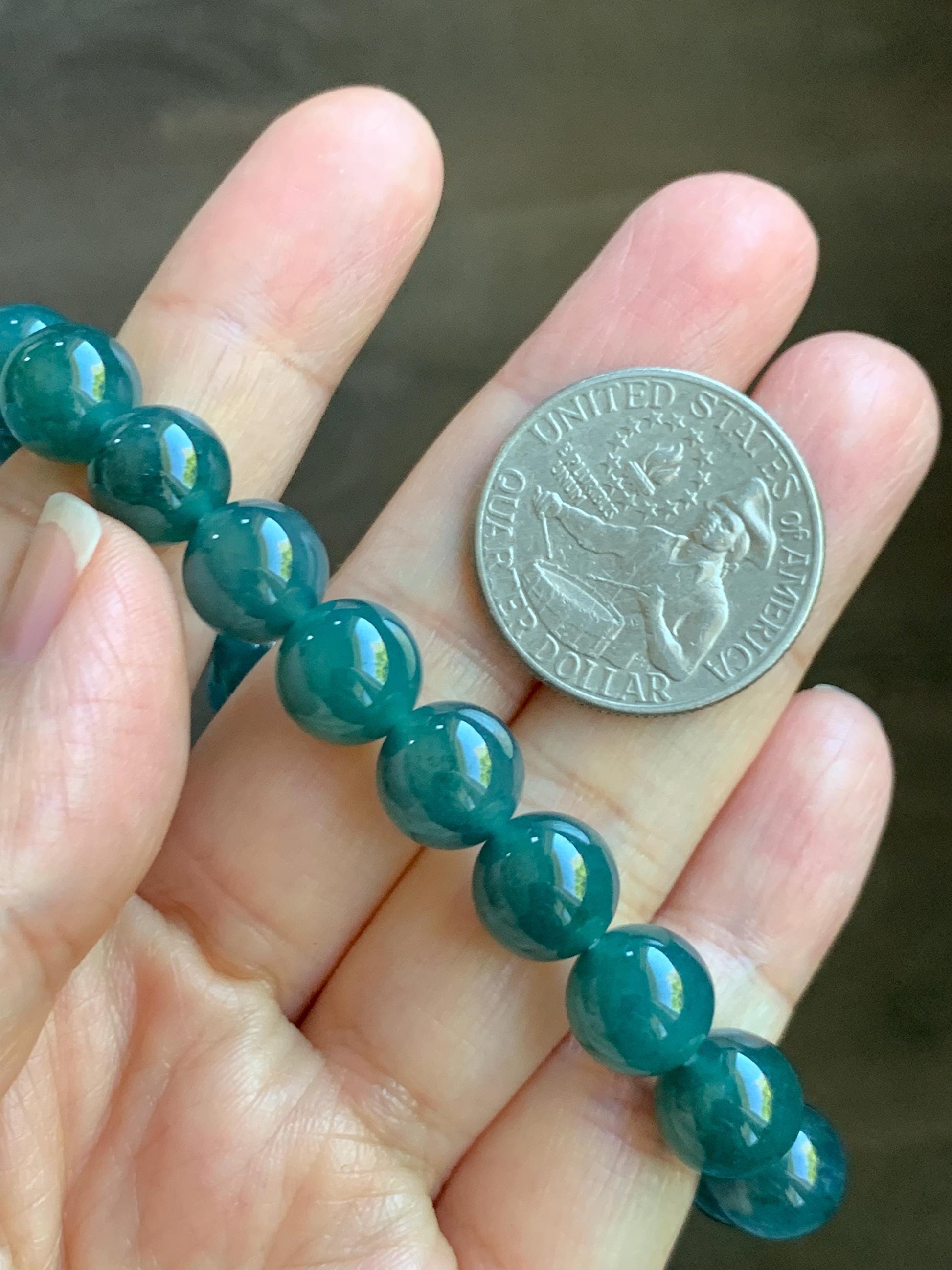 Natural Guatemalan Grade A Icy Translucent Gelatinous Dark Teal Green Jade Jadeite Beaded Bracelet 9.8mm 7.25” 33g 天然冰危深蓝绿翡翠圆珠手串 SWL188
