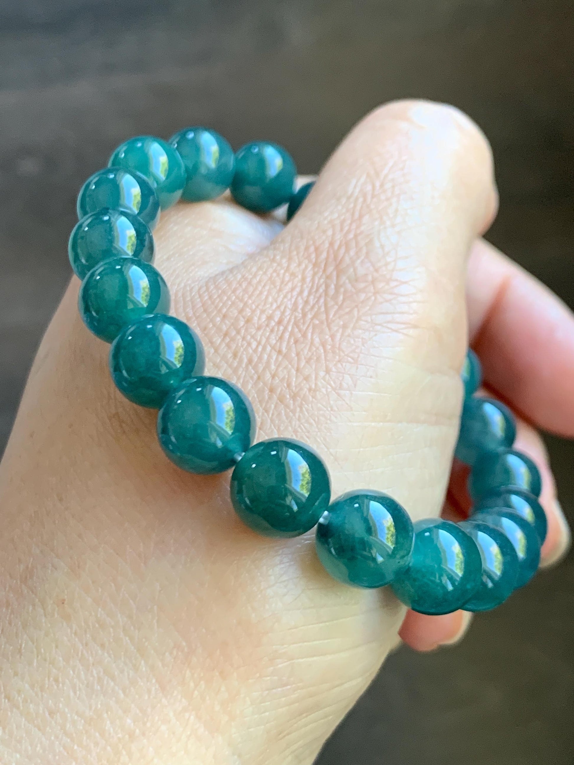 Natural Guatemalan Grade A Icy Translucent Gelatinous Dark Teal Green Jade Jadeite Beaded Bracelet 9.8mm 7.25” 33g 天然冰危深蓝绿翡翠圆珠手串 SWL188