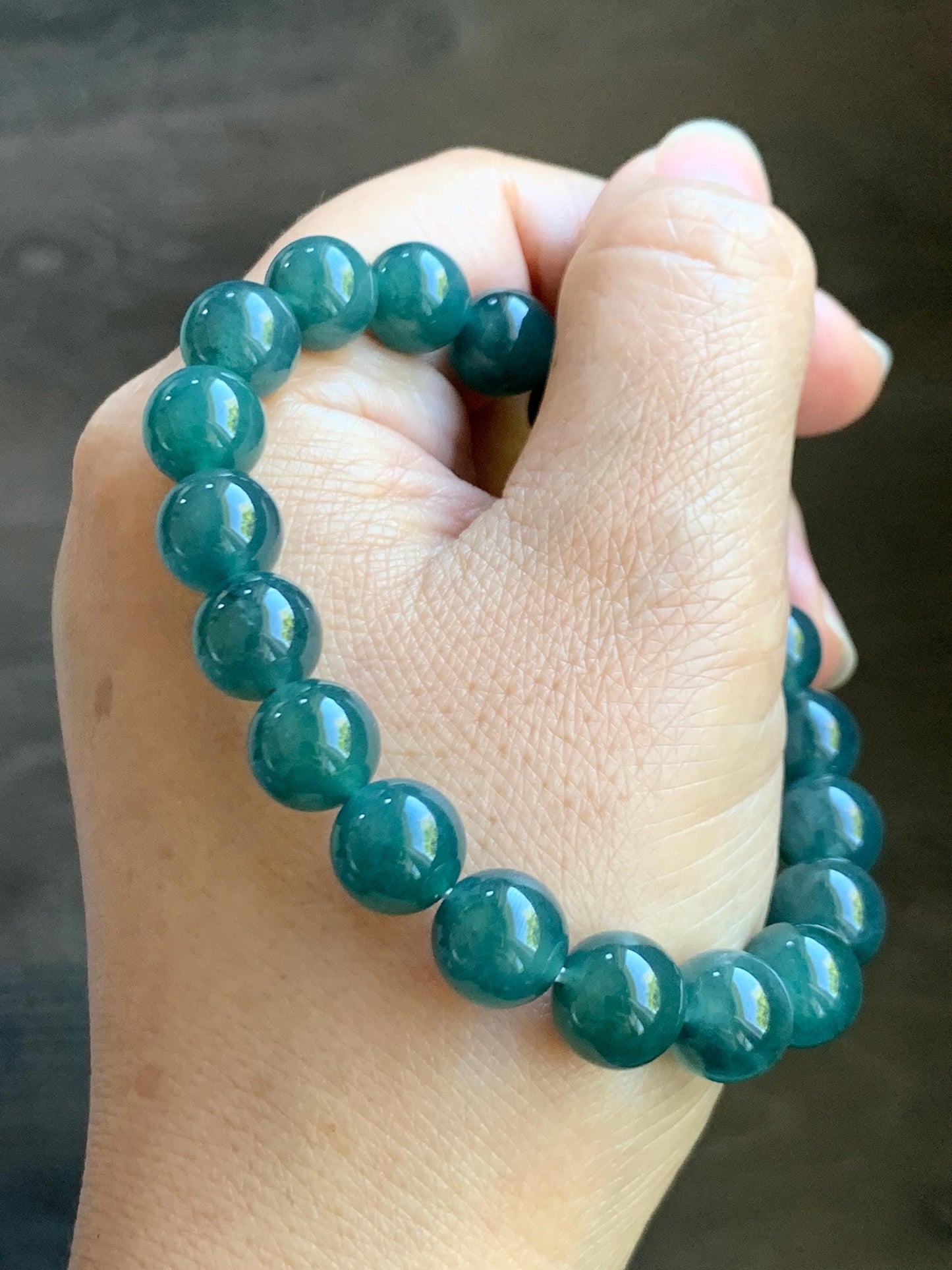 Natural Guatemalan Grade A Icy Translucent Gelatinous Dark Teal Green Jade Jadeite Beaded Bracelet 9.8mm 7.25” 33g 天然冰危深蓝绿翡翠圆珠手串 SWL188