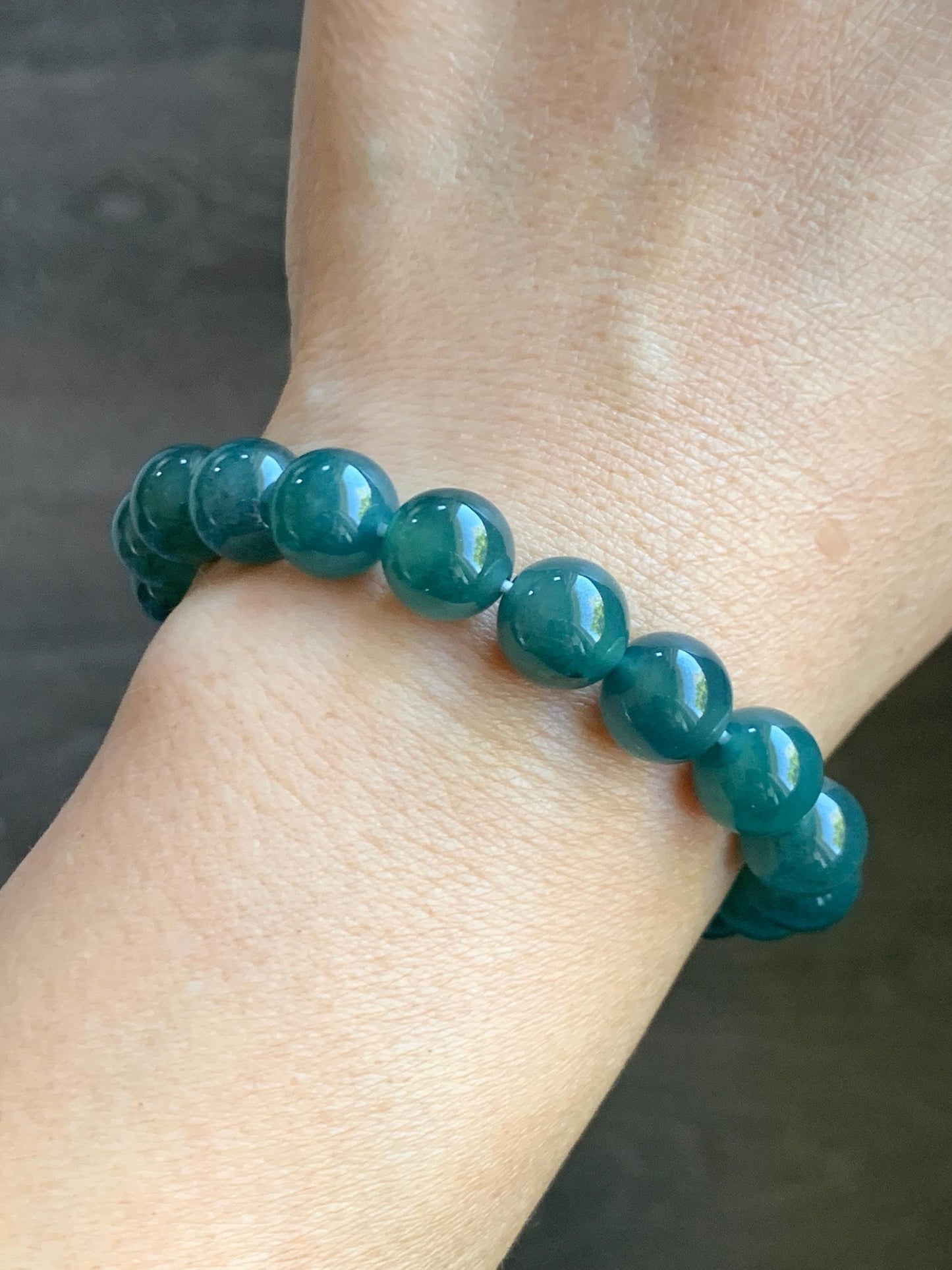 Natural Guatemalan Grade A Icy Translucent Gelatinous Dark Teal Green Jade Jadeite Beaded Bracelet 9.8mm 7.25” 33g 天然冰危深蓝绿翡翠圆珠手串 SWL188
