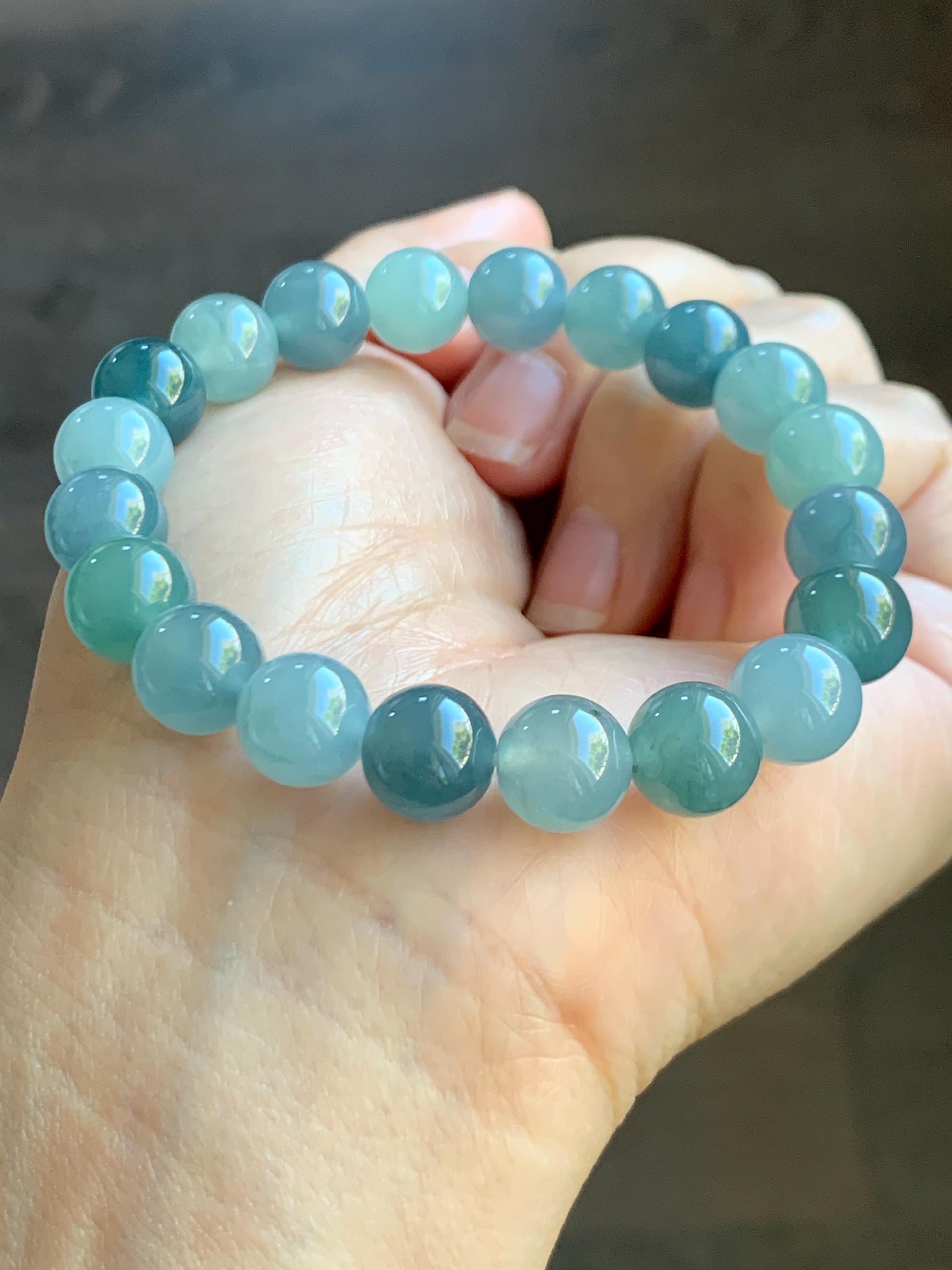 Natural Grade A Guatemalan Icy Highly Translucent Gelatinous Multicolored Jade Jadeite Beaded Bracelet 9.6mm 7” 30g 天然老种冰危蓝水多宝翡翠手串 DWDB240