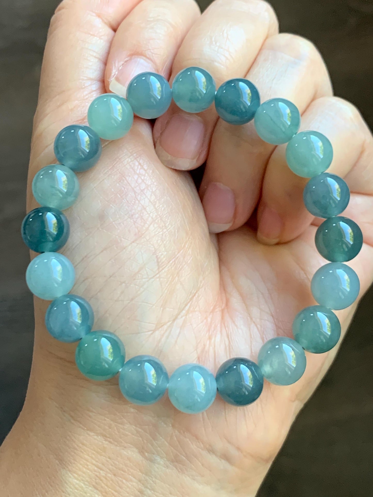 Natural Grade A Guatemalan Icy Highly Translucent Gelatinous Multicolored Jade Jadeite Beaded Bracelet 9.6mm 7” 30g 天然老种冰危蓝水多宝翡翠手串 DWDB240