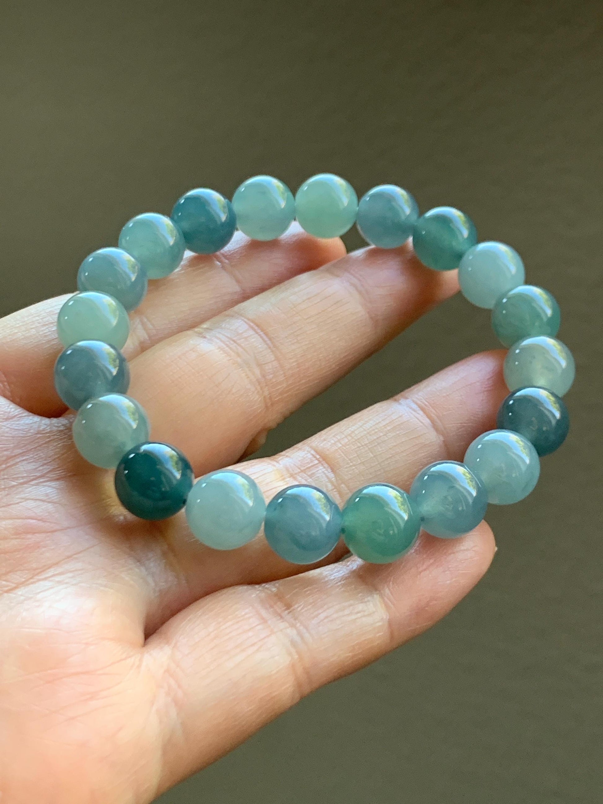 Natural Grade A Guatemalan Icy Highly Translucent Gelatinous Multicolored Jade Jadeite Beaded Bracelet 9.6mm 7” 30g 天然老种冰危蓝水多宝翡翠手串 DWDB240