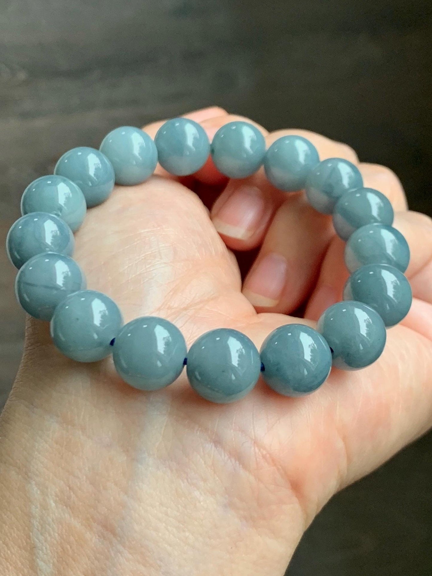 Natural Grade A Guatemalan Translucent Dusty Blue Marbled Jade Jadeite Large Beads Beaded Bracelet Stretchy 11.7mm 7.25" 47g 天然危蓝飘花翡翠大卡圆珠手串