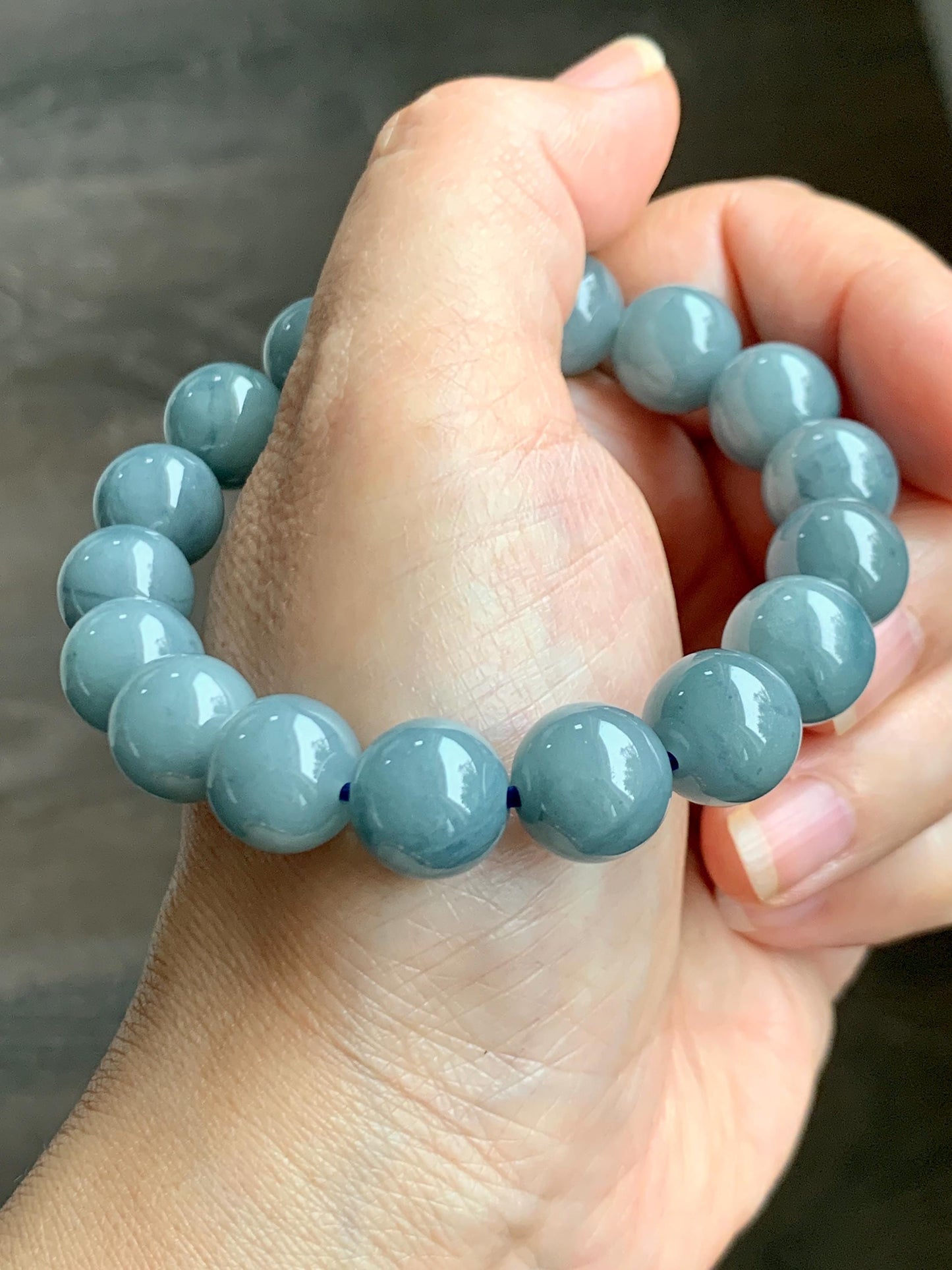 Natural Grade A Guatemalan Translucent Dusty Blue Marbled Jade Jadeite Large Beads Beaded Bracelet Stretchy 11.7mm 7.25" 47g 天然危蓝飘花翡翠大卡圆珠手串