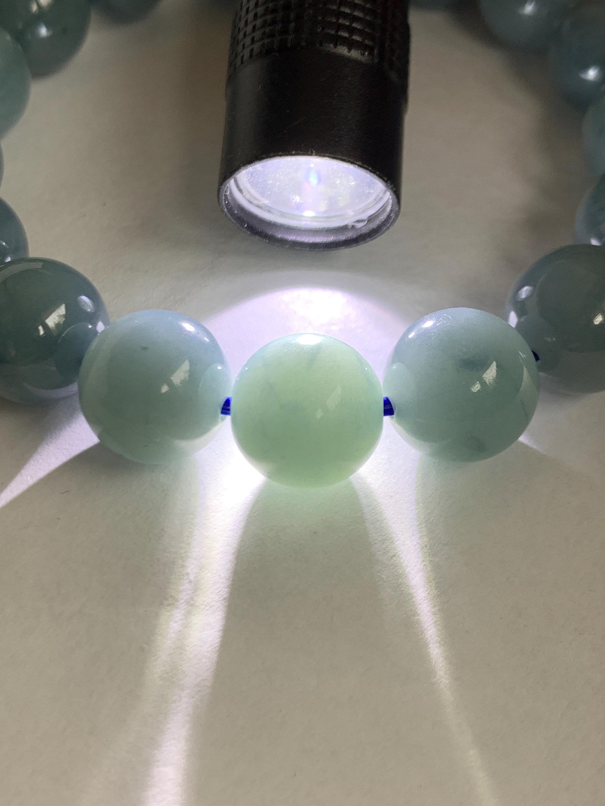 Natural Grade A Guatemalan Translucent Dusty Blue Marbled Jade Jadeite Large Beads Beaded Bracelet Stretchy 11.7mm 7.25" 47g 天然危蓝飘花翡翠大卡圆珠手串