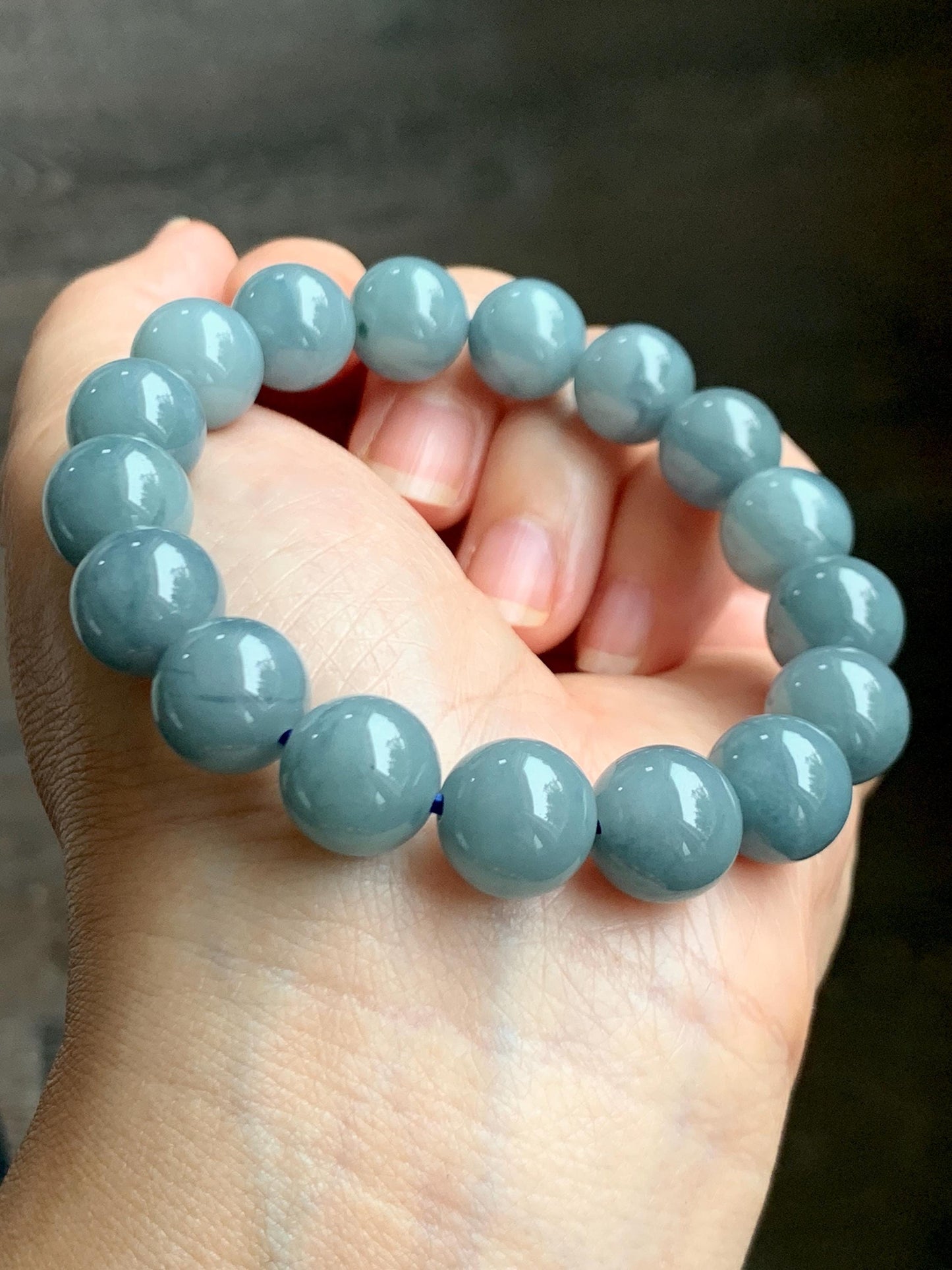 Natural Grade A Guatemalan Translucent Dusty Blue Marbled Jade Jadeite Large Beads Beaded Bracelet Stretchy 11.7mm 7.25" 47g 天然危蓝飘花翡翠大卡圆珠手串