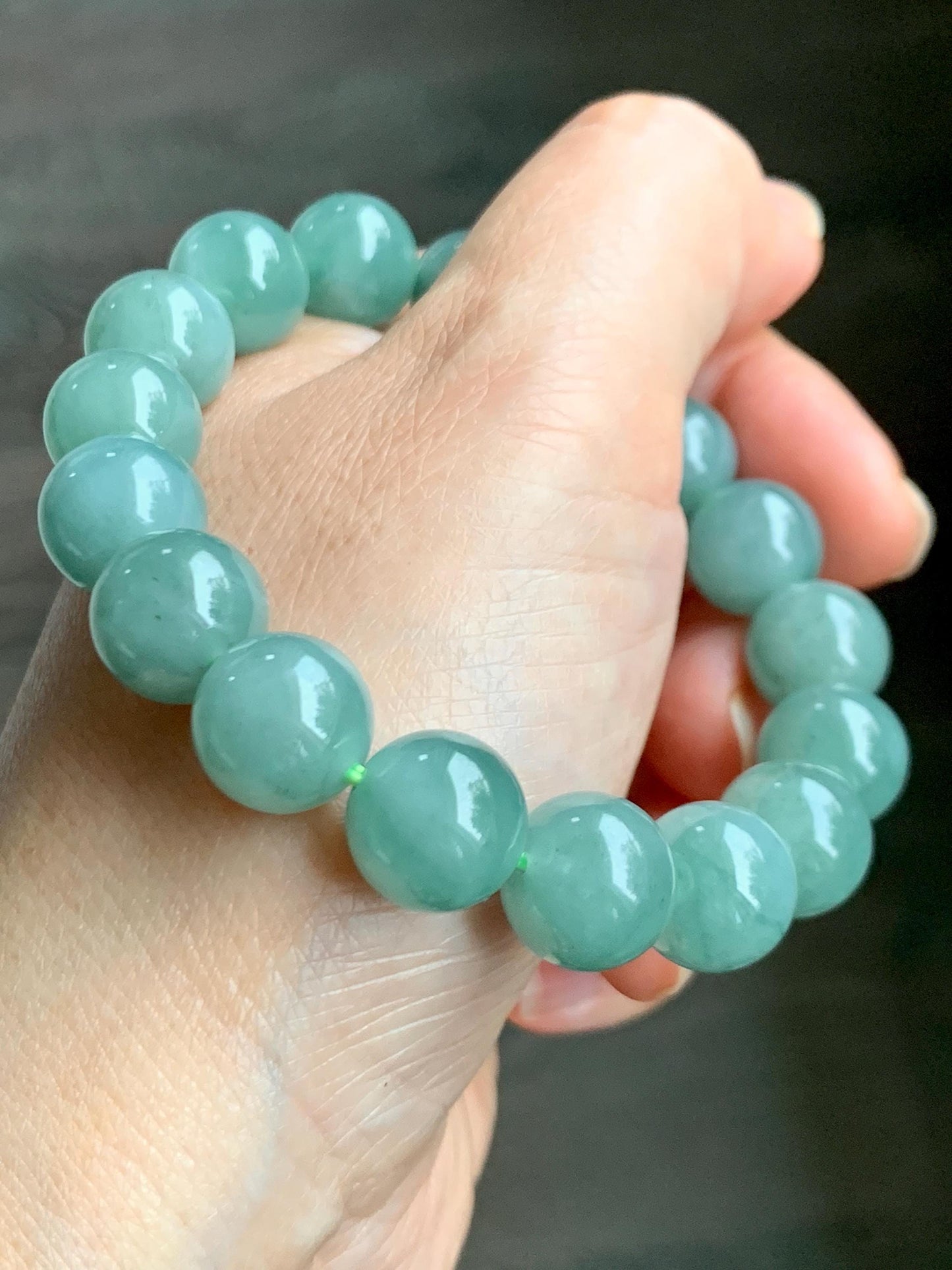 Natural Grade A Guatemalan Icy Translucent Light Teal Green Jade Jadeite Large Beads Beaded Bracelet 11.9mm 7.5” 49g 天然冰危浅蓝绿翡翠圆珠手串 WDQ550B