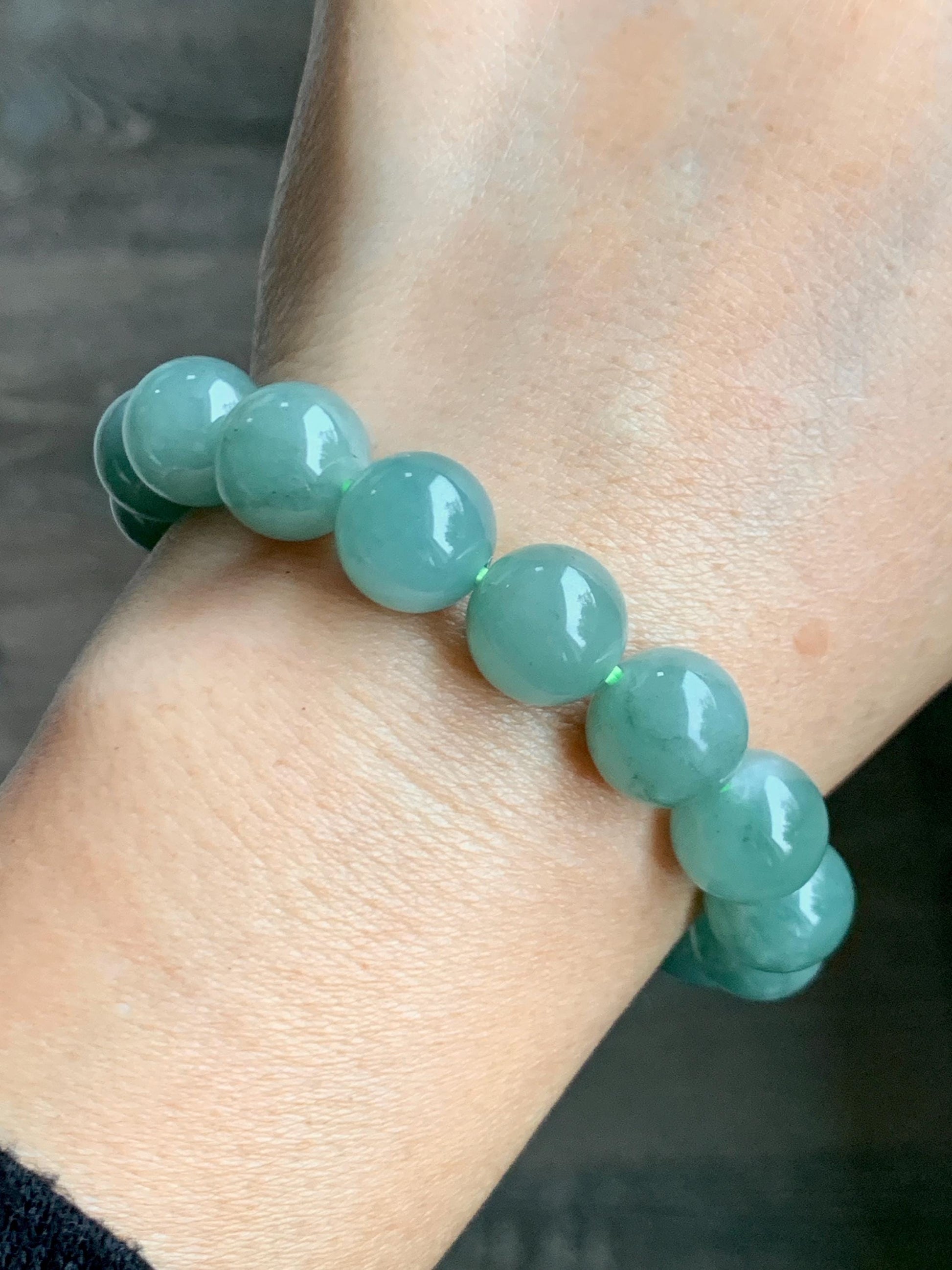 Natural Grade A Guatemalan Icy Translucent Light Teal Green Jade Jadeite Large Beads Beaded Bracelet 11.9mm 7.5” 49g 天然冰危浅蓝绿翡翠圆珠手串 WDQ550B
