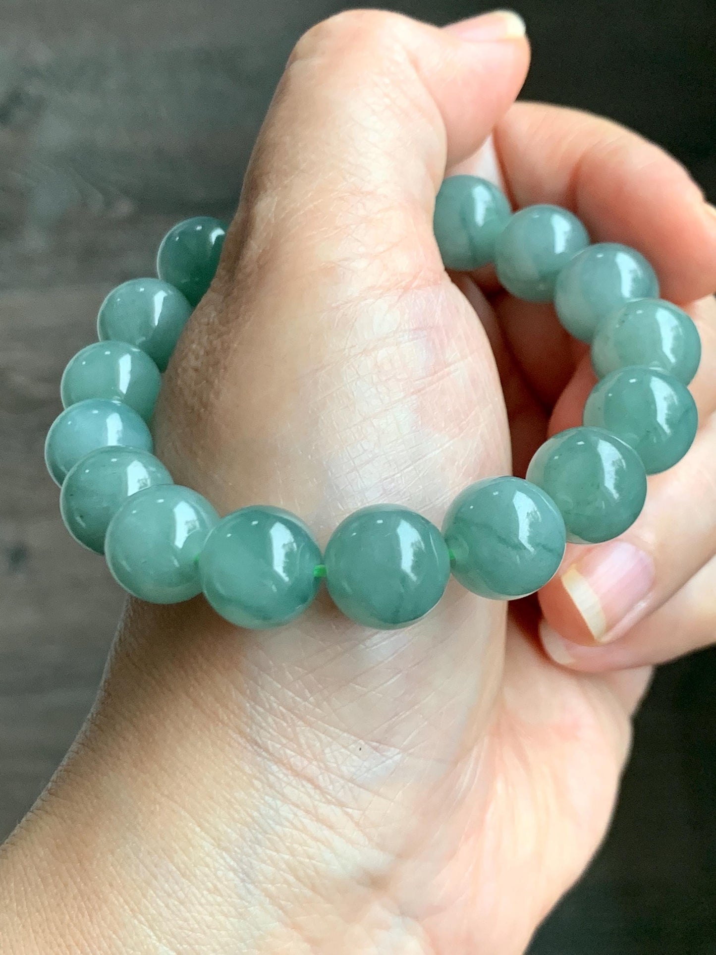 Natural Grade A Guatemalan Icy Translucent Light Teal Green Jade Jadeite Large Beads Beaded Bracelet 11.9mm 7.5” 49g 天然冰危浅蓝绿翡翠圆珠手串 WDQ550B
