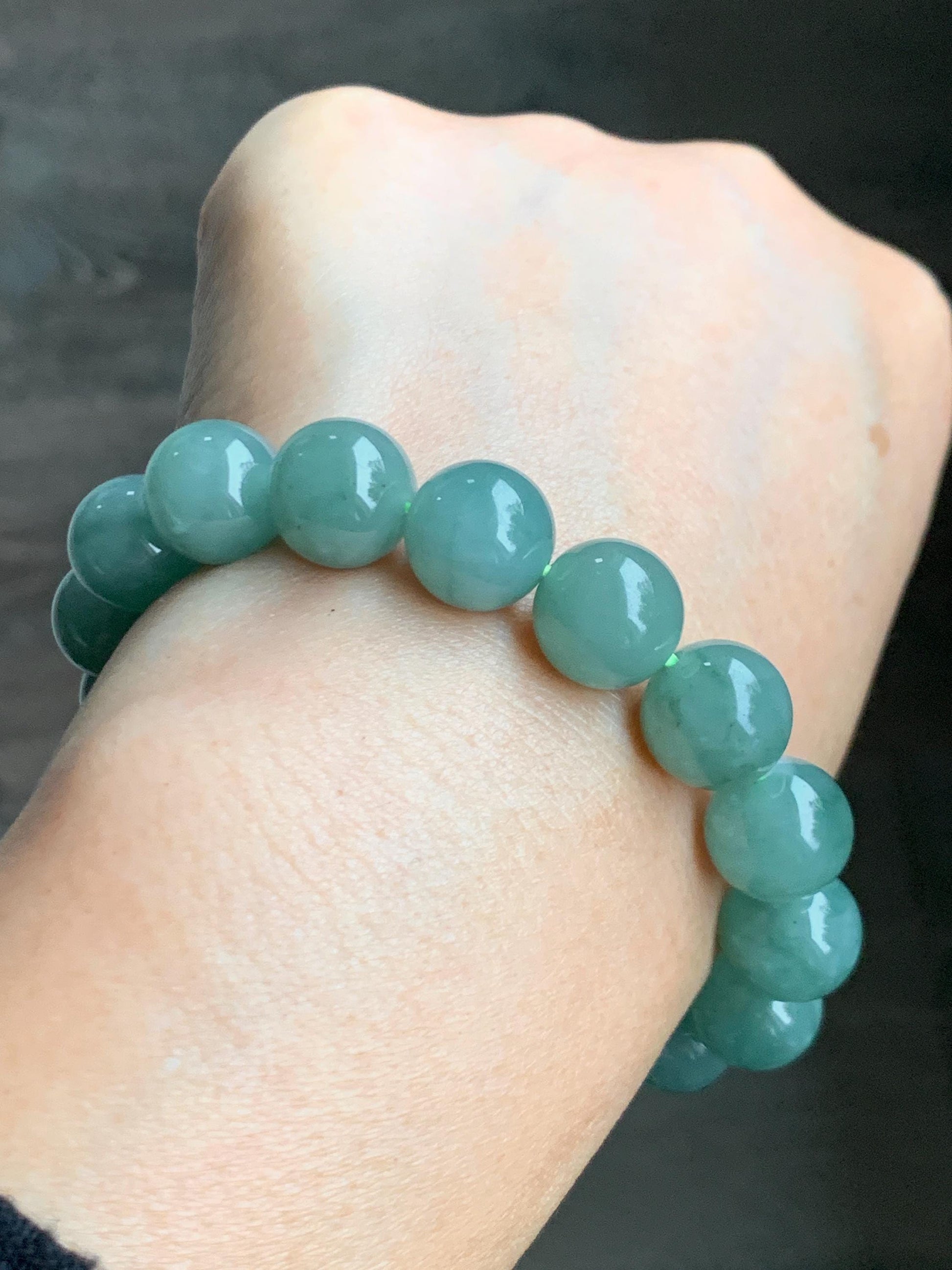Natural Grade A Guatemalan Icy Translucent Light Teal Green Jade Jadeite Large Beads Beaded Bracelet 11.9mm 7.5” 49g 天然冰危浅蓝绿翡翠圆珠手串 WDQ550B