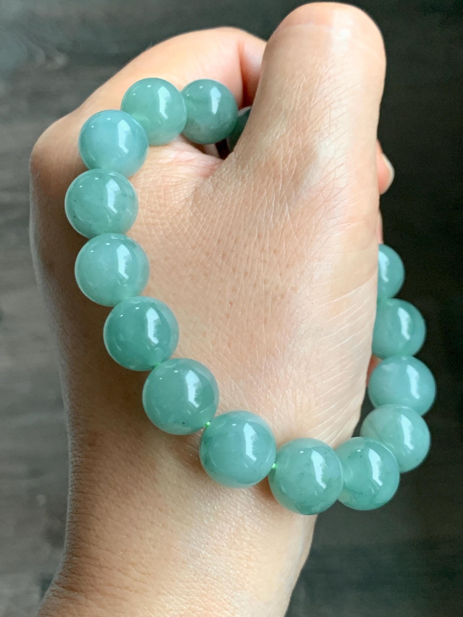 Natural Grade A Guatemalan Icy Translucent Light Teal Green Jade Jadeite Large Beads Beaded Bracelet 11.9mm 7.5” 49g 天然冰危浅蓝绿翡翠圆珠手串 WDQ550B