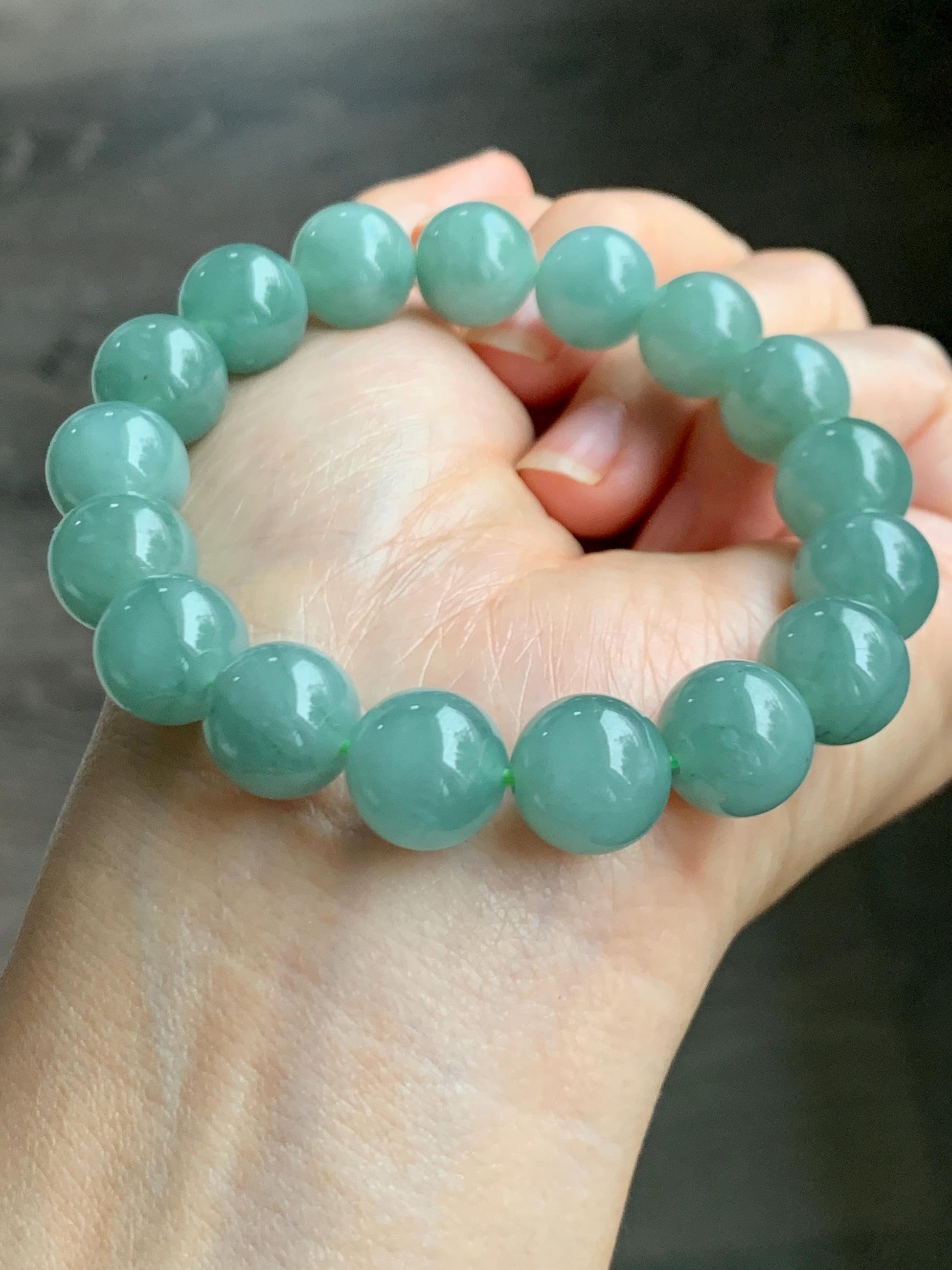 Natural Grade A Guatemalan Icy Translucent Light Teal Green Jade Jadeite Large Beads Beaded Bracelet 11.9mm 7.5” 49g 天然冰危浅蓝绿翡翠圆珠手串 WDQ550B