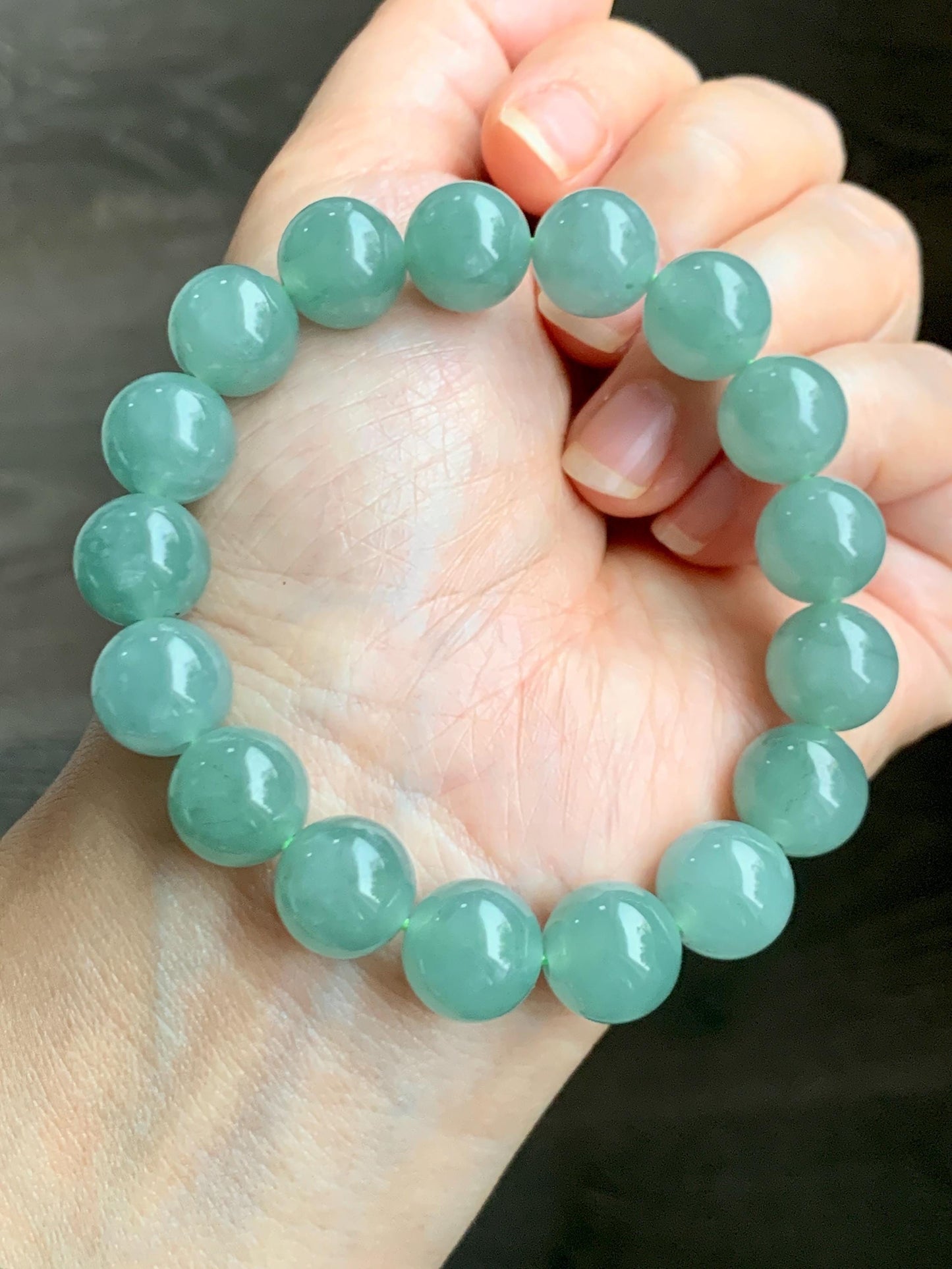 Natural Grade A Guatemalan Icy Translucent Light Teal Green Jade Jadeite Large Beads Beaded Bracelet 11.9mm 7.5” 49g 天然冰危浅蓝绿翡翠圆珠手串 WDQ550A