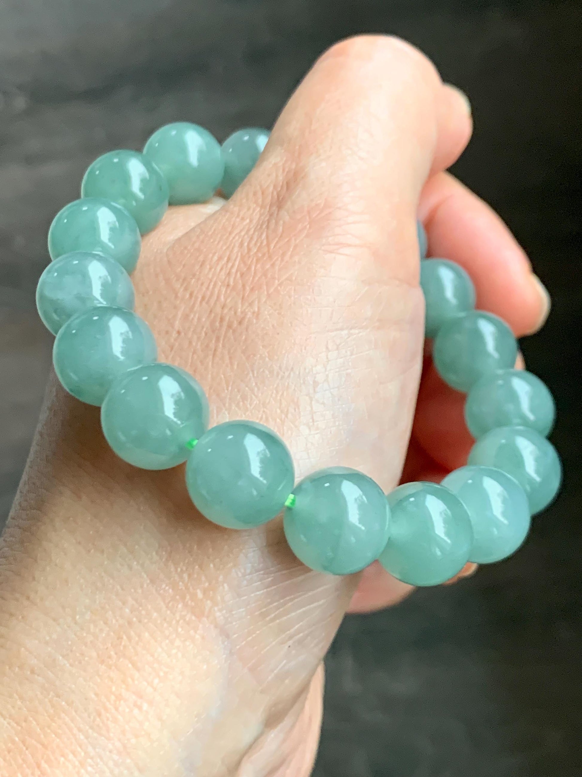 Natural Grade A Guatemalan Icy Translucent Light Teal Green Jade Jadeite Large Beads Beaded Bracelet 11.9mm 7.5” 49g 天然冰危浅蓝绿翡翠圆珠手串 WDQ550A