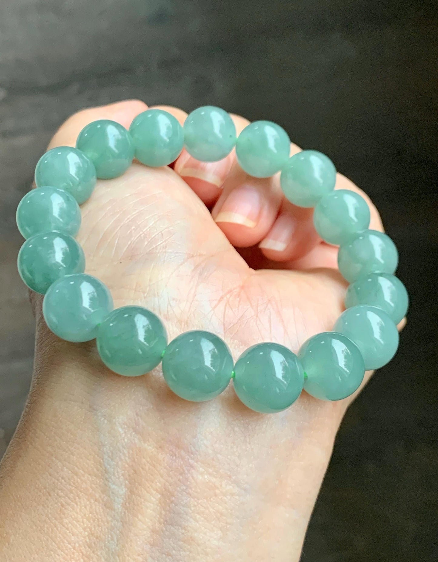 Natural Grade A Guatemalan Icy Translucent Light Teal Green Jade Jadeite Large Beads Beaded Bracelet 11.9mm 7.5” 49g 天然冰危浅蓝绿翡翠圆珠手串 WDQ550A