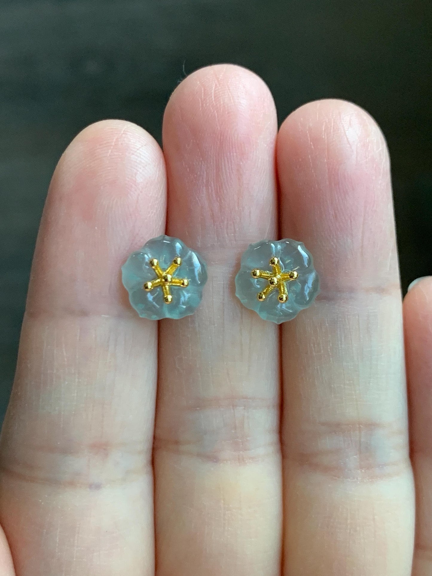 Natural Grade A Guatemalan Icy Highly Translucent Pastel Blue Jade Jadeite Cherry Blossom Stud Earring Sterling Silver 天然高冰危淡蓝翡翠梅花耳钉 BPM66