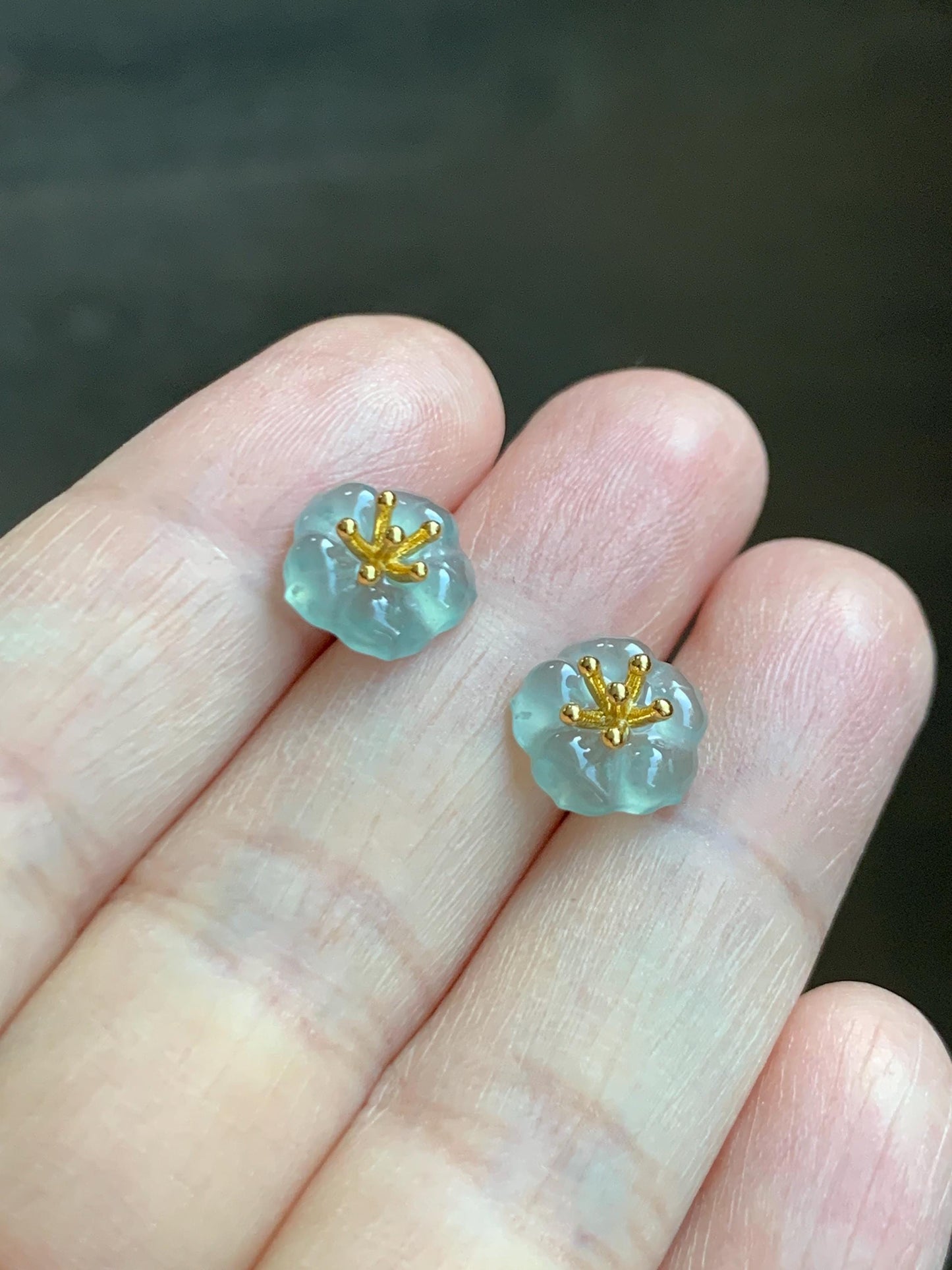 Natural Grade A Guatemalan Icy Highly Translucent Pastel Blue Jade Jadeite Cherry Blossom Stud Earring Sterling Silver 天然高冰危淡蓝翡翠梅花耳钉 BPM66