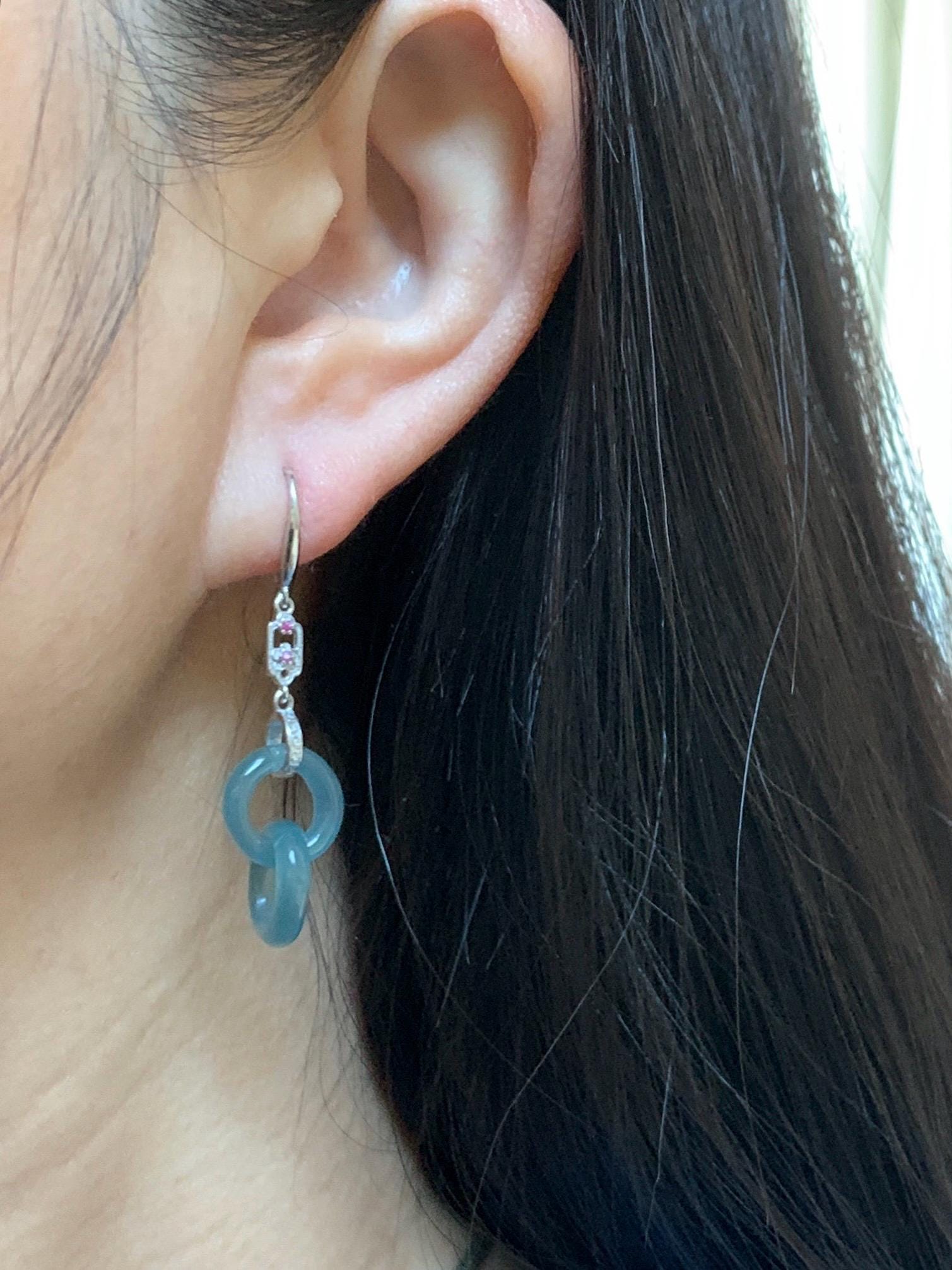 Natural Grade A Guatemalan Icy Translucent Dusty Teal Blue Jade Jadeite Interlocking Rings Earrings Sterling Silver 天然冰危蓝翡翠环环相扣耳钩 WLH148