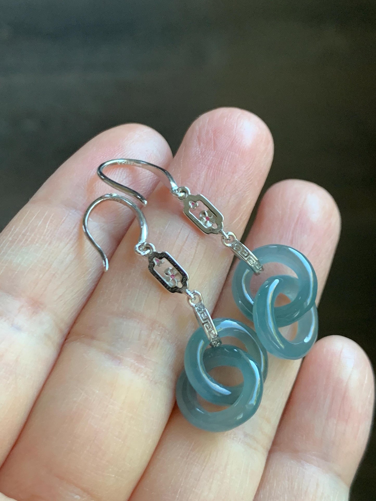 Natural Grade A Guatemalan Icy Translucent Dusty Teal Blue Jade Jadeite Interlocking Rings Earrings Sterling Silver 天然冰危蓝翡翠环环相扣耳钩 WLH148