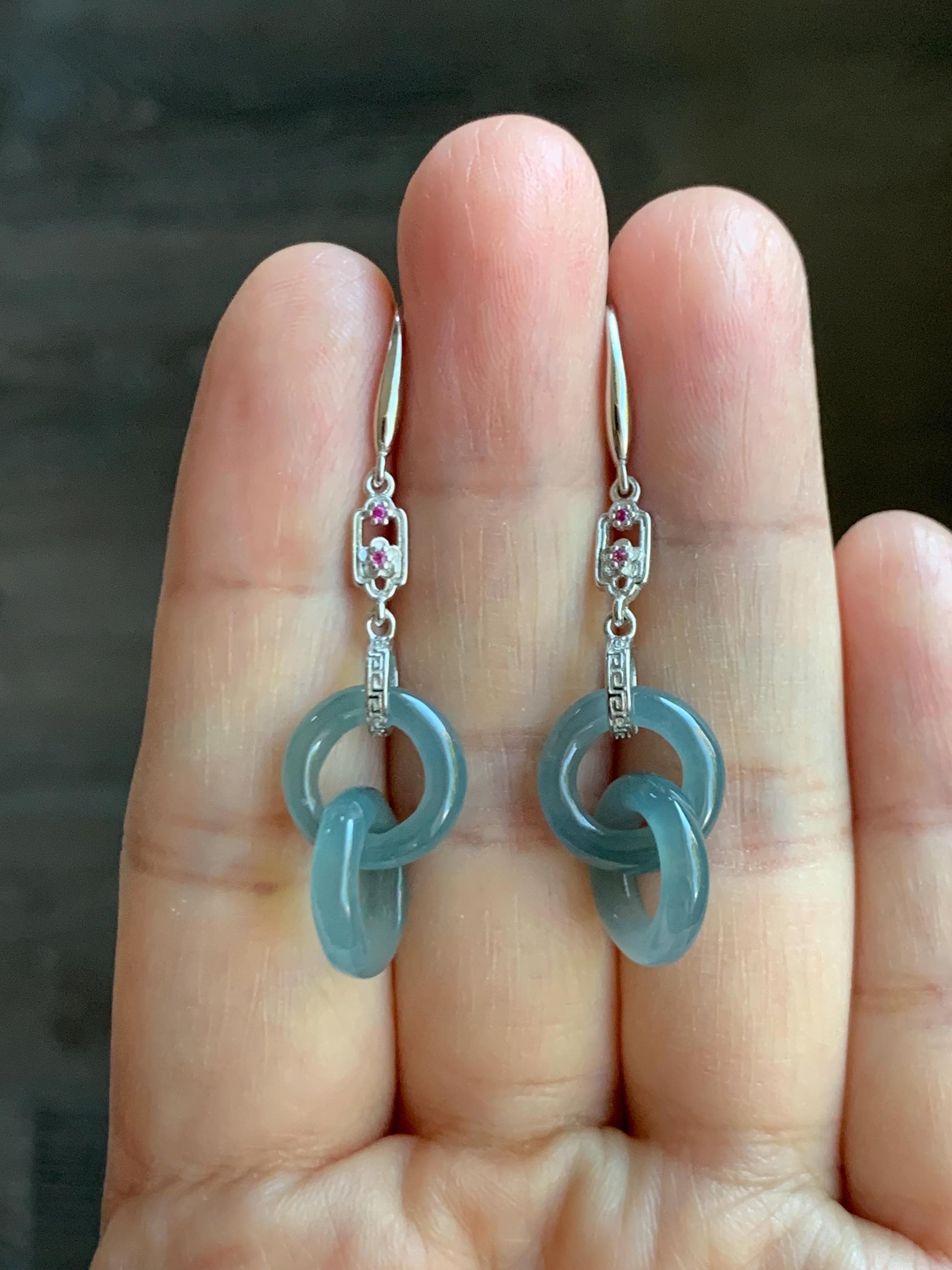 Natural Grade A Guatemalan Icy Translucent Dusty Teal Blue Jade Jadeite Interlocking Rings Earrings Sterling Silver 天然冰危蓝翡翠环环相扣耳钩 WLH148