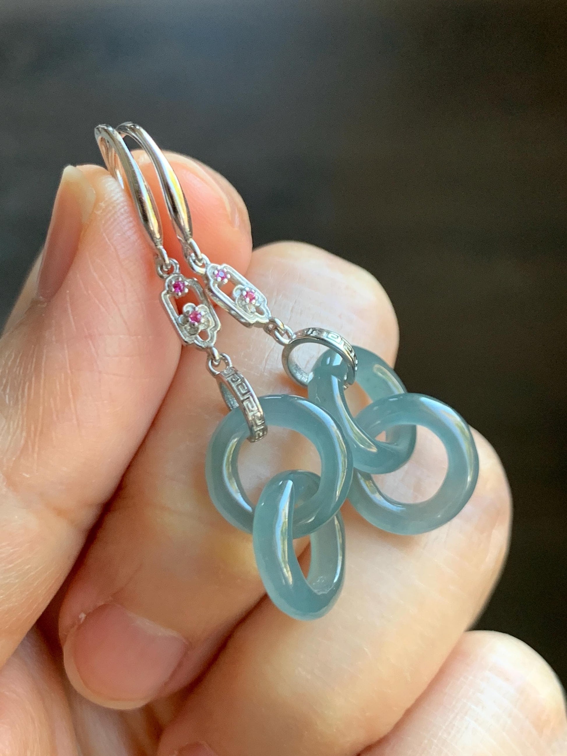 Natural Grade A Guatemalan Icy Translucent Dusty Teal Blue Jade Jadeite Interlocking Rings Earrings Sterling Silver 天然冰危蓝翡翠环环相扣耳钩 WLH148