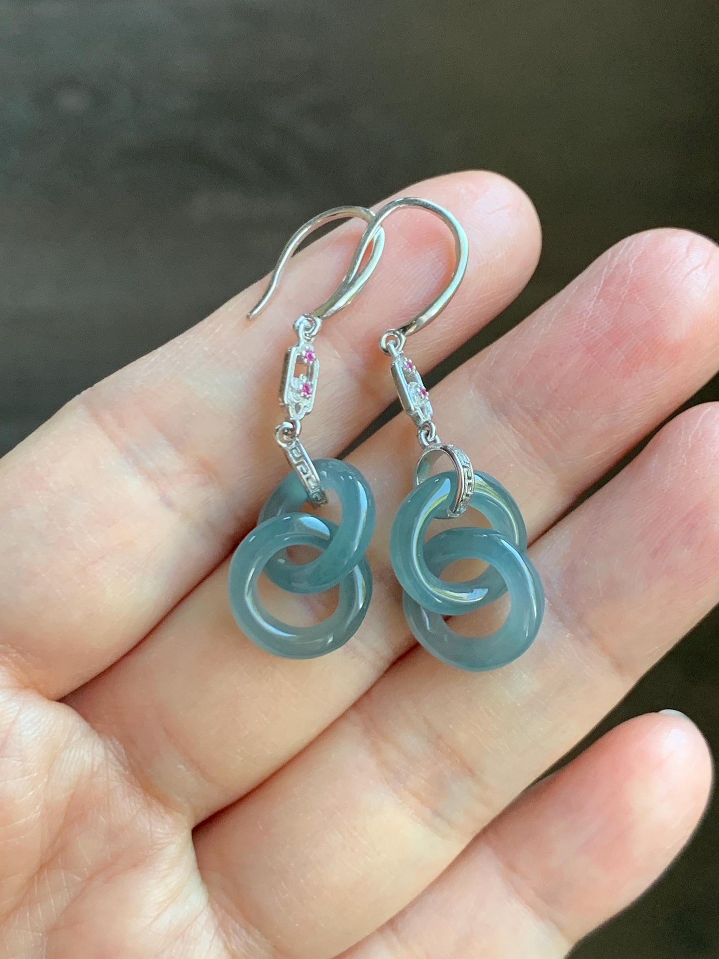 Natural Grade A Guatemalan Icy Translucent Dusty Teal Blue Jade Jadeite Interlocking Rings Earrings Sterling Silver 天然冰危蓝翡翠环环相扣耳钩 WLH148