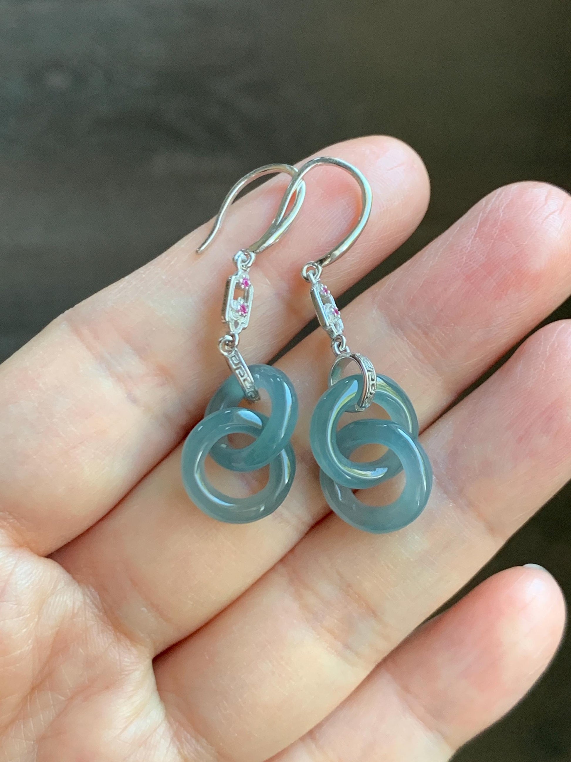 Natural Grade A Guatemalan Icy Translucent Dusty Teal Blue Jade Jadeite Interlocking Rings Earrings Sterling Silver 天然冰危蓝翡翠环环相扣耳钩 WLH148