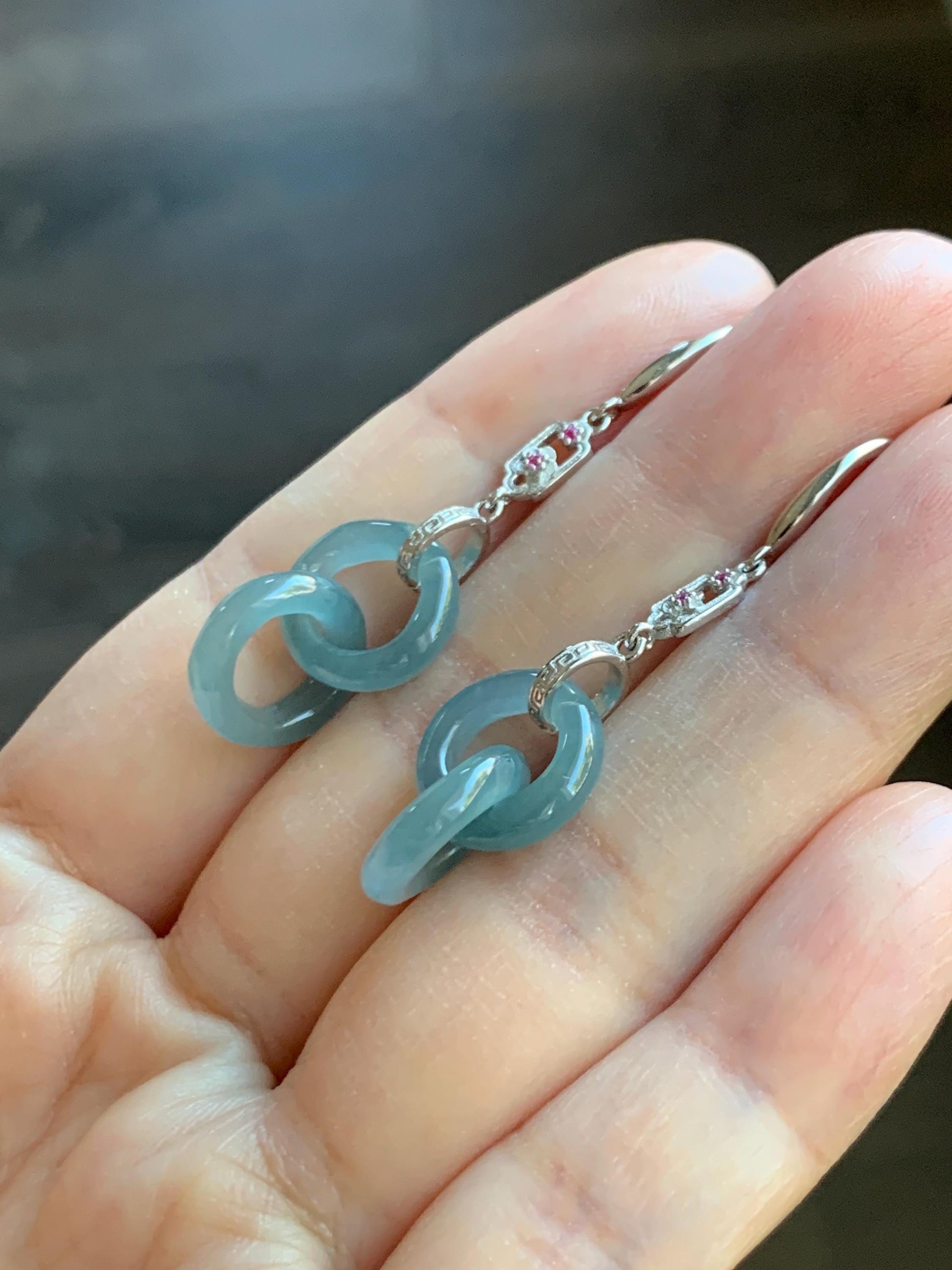 Natural Grade A Guatemalan Icy Translucent Dusty Teal Blue Jade Jadeite Interlocking Rings Earrings Sterling Silver 天然冰危蓝翡翠环环相扣耳钩 WLH148