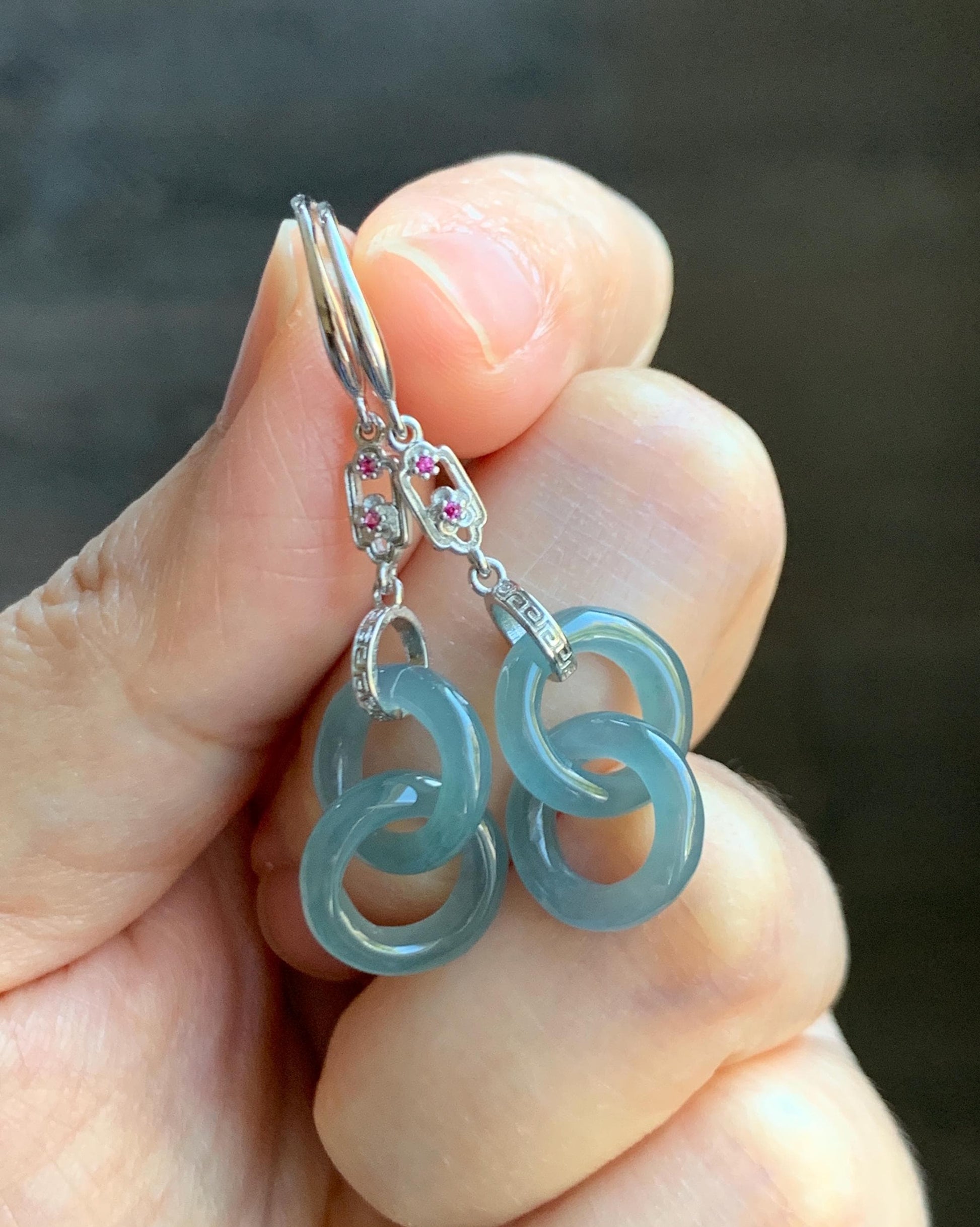 Natural Grade A Guatemalan Icy Translucent Dusty Teal Blue Jade Jadeite Interlocking Rings Earrings Sterling Silver 天然冰危蓝翡翠环环相扣耳钩 WLH148