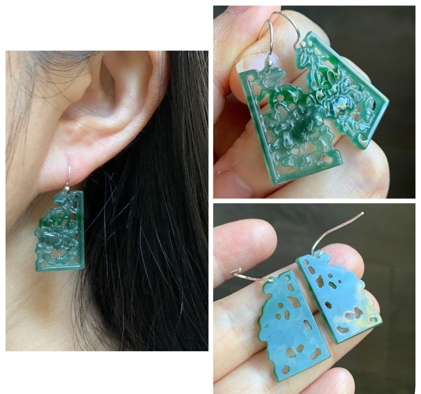 Natural Grade A Guatemalan Icy Highly Translucent Teal Green Jade Jadeite Openwork Engraved Earrings Sterling Silver 天然冰危淡蓝飘花翡翠镂空雕耳钩 WPL132