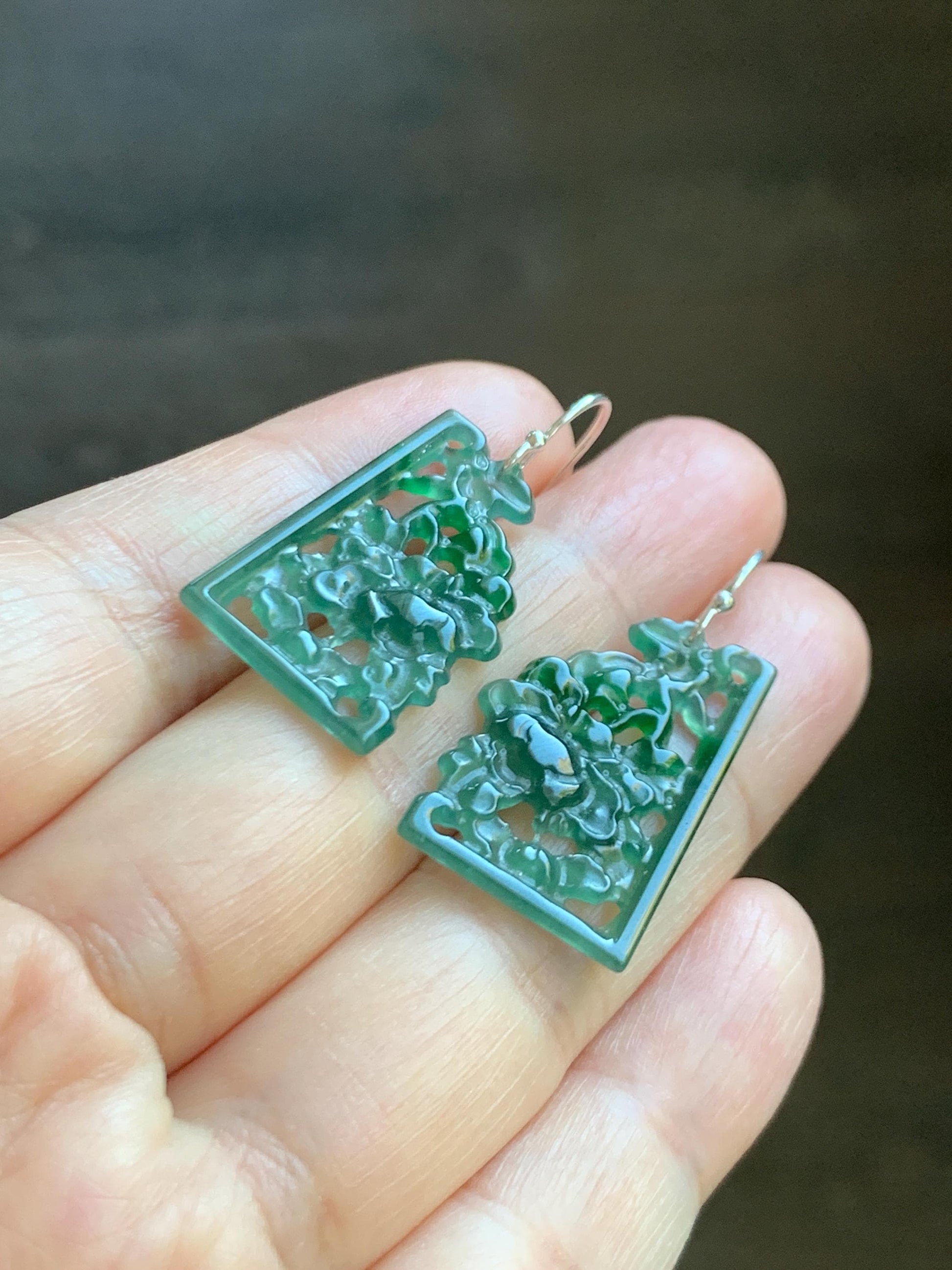 Natural Grade A Guatemalan Icy Highly Translucent Teal Green Jade Jadeite Openwork Engraved Earrings Sterling Silver 天然冰危淡蓝飘花翡翠镂空雕耳钩 WPL132