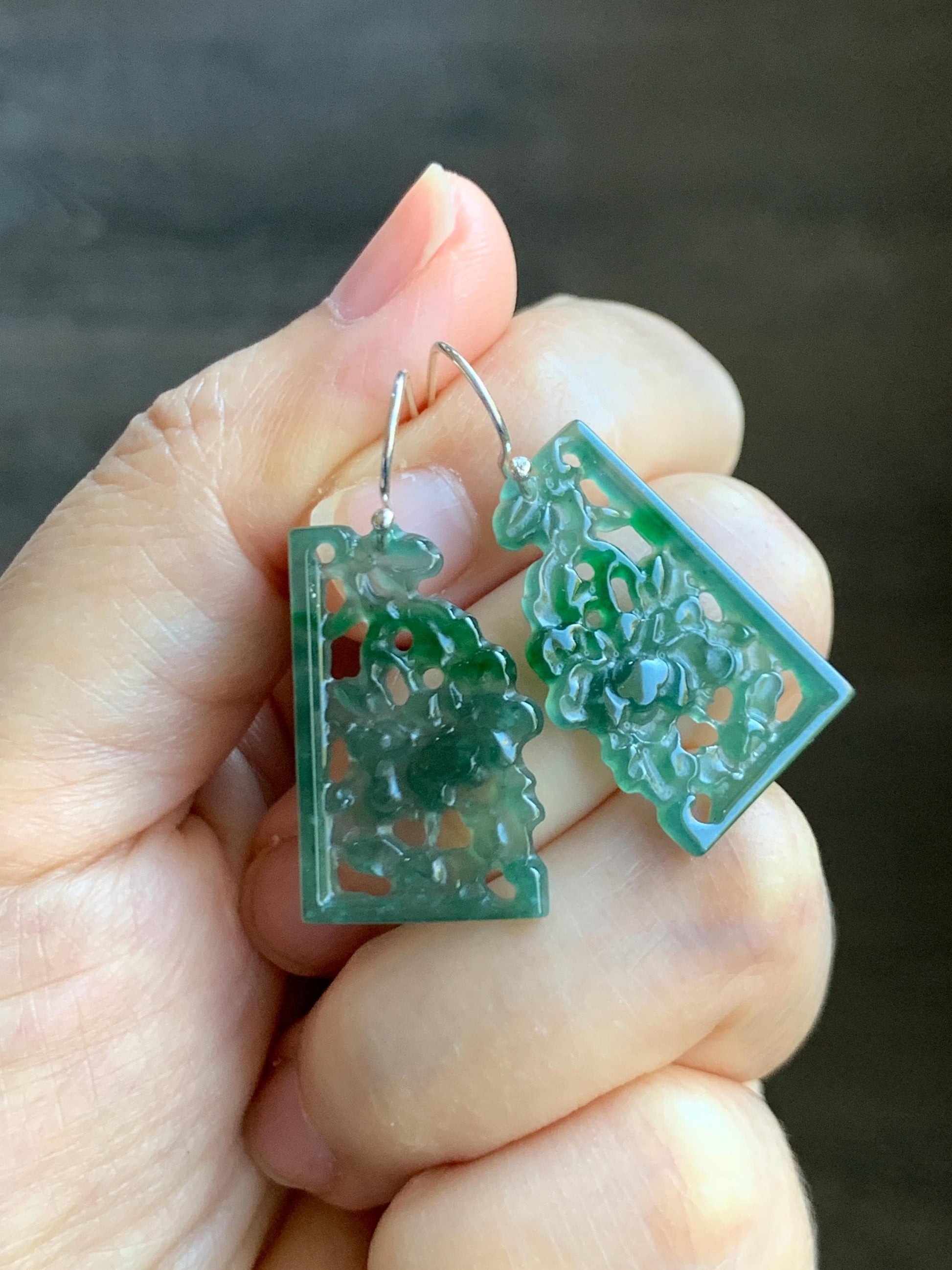 Natural Grade A Guatemalan Icy Highly Translucent Teal Green Jade Jadeite Openwork Engraved Earrings Sterling Silver 天然冰危淡蓝飘花翡翠镂空雕耳钩 WPL132
