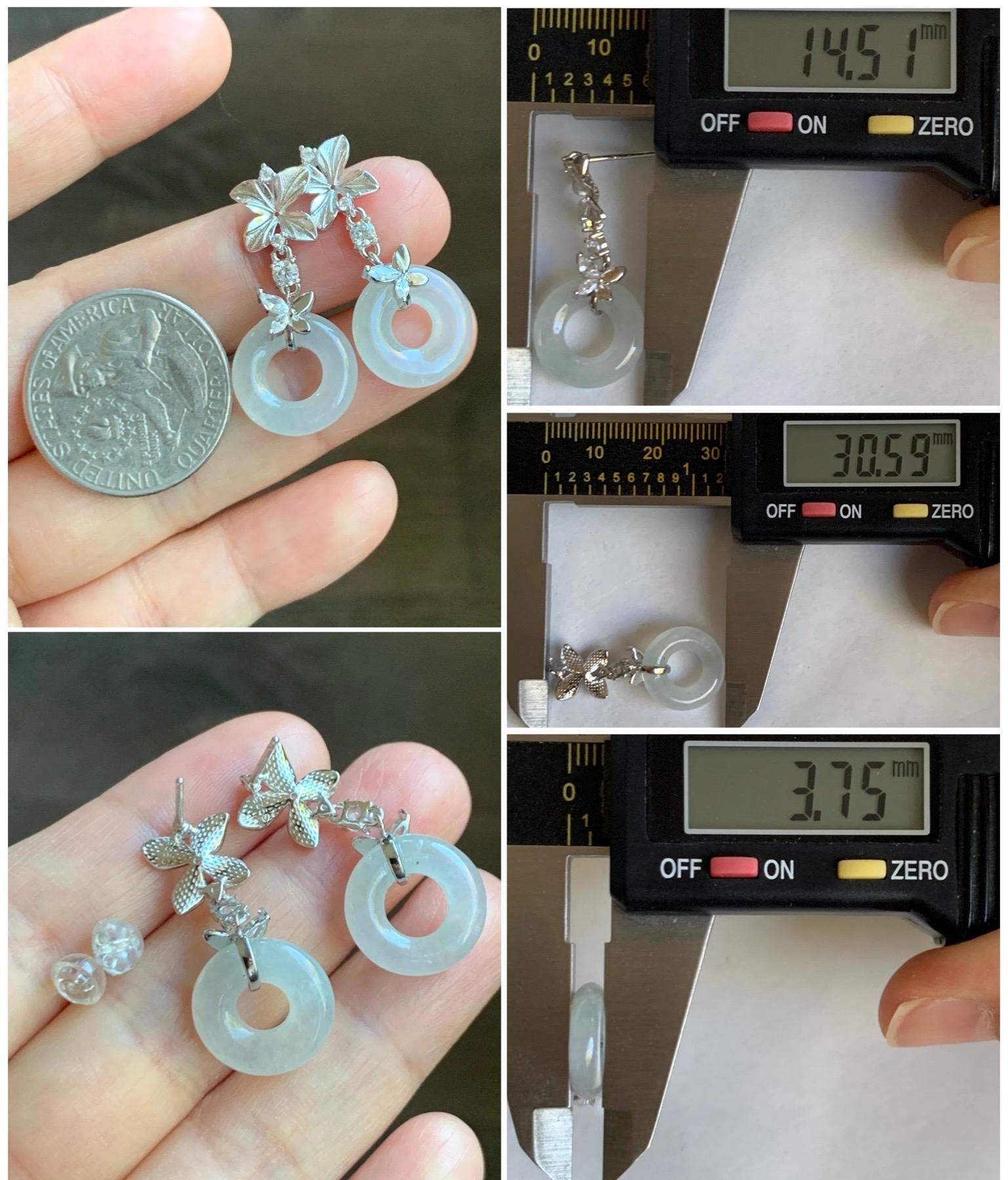 Natural Grade A Icy Translucent White Jade Jadeite Ping An Kou Donut Dangle Earrings Sterling Silver 天然白冰翡翠平安扣耳钩 MBK140A