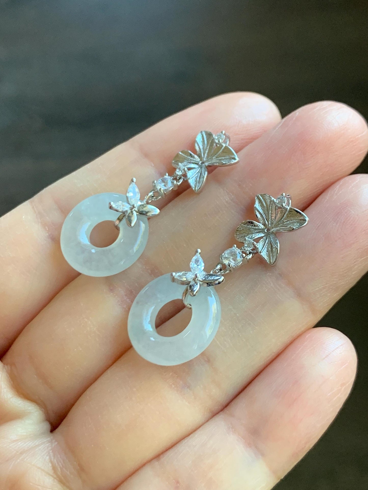 Natural Grade A Icy Translucent White Jade Jadeite Ping An Kou Donut Dangle Earrings Sterling Silver 天然白冰翡翠平安扣耳钩 MBK140A