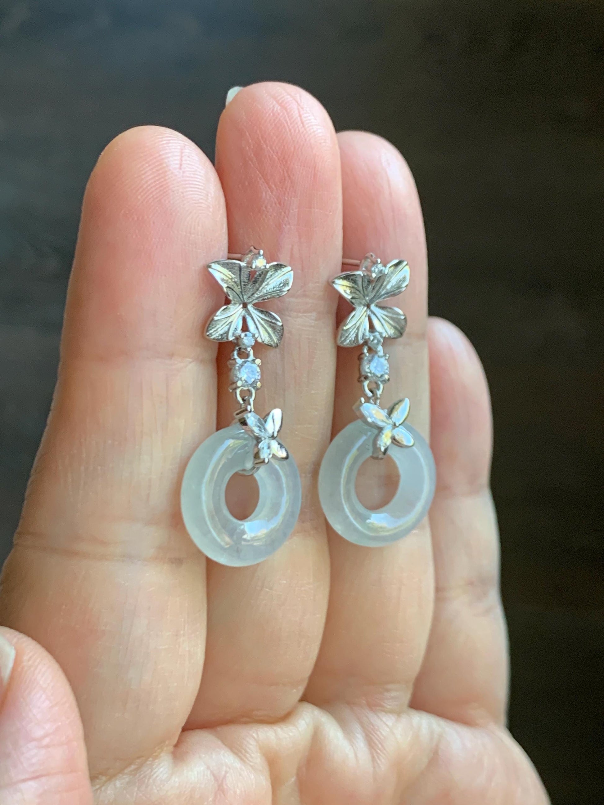 Natural Grade A Icy Translucent White Jade Jadeite Ping An Kou Donut Dangle Earrings Sterling Silver 天然白冰翡翠平安扣耳钩 MBK140A