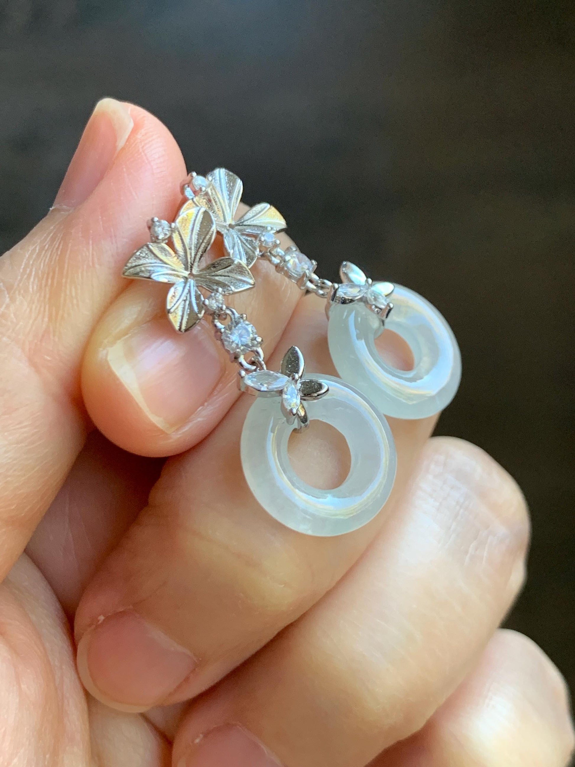Natural Grade A Icy Translucent White Jade Jadeite Ping An Kou Donut Dangle Earrings Sterling Silver 天然白冰翡翠平安扣耳钩 MBK140A