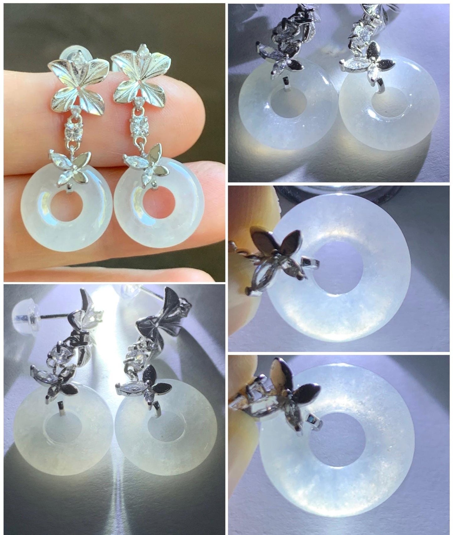 Natural Grade A Icy Translucent White Jade Jadeite Ping An Kou Donut Dangle Earrings Sterling Silver 天然白冰翡翠平安扣耳钩 MBK140B
