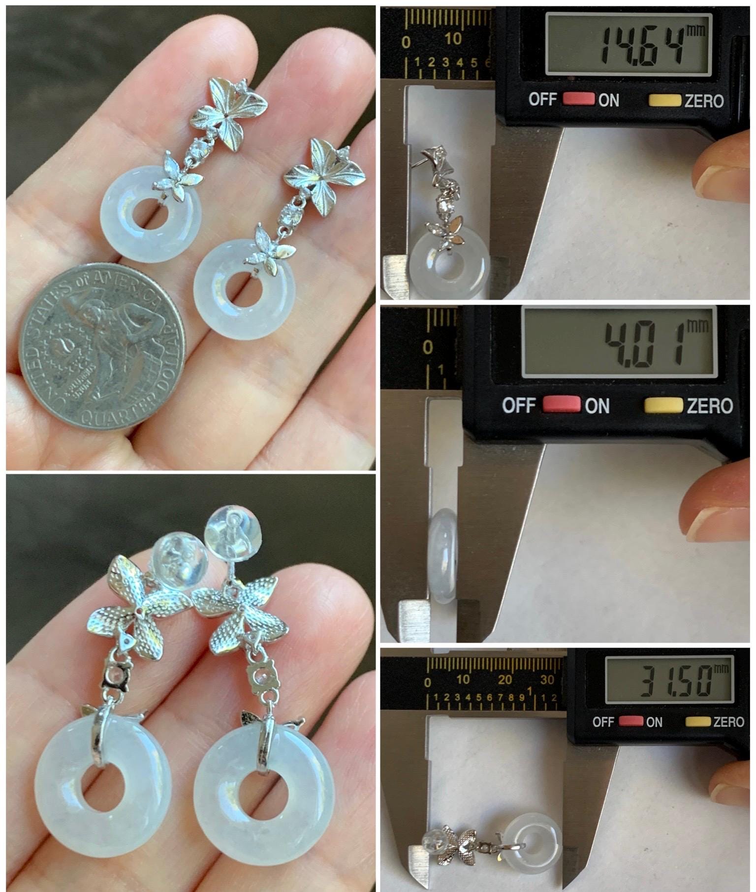 Natural Grade A Icy Translucent White Jade Jadeite Ping An Kou Donut Dangle Earrings Sterling Silver 天然白冰翡翠平安扣耳钩 MBK140B