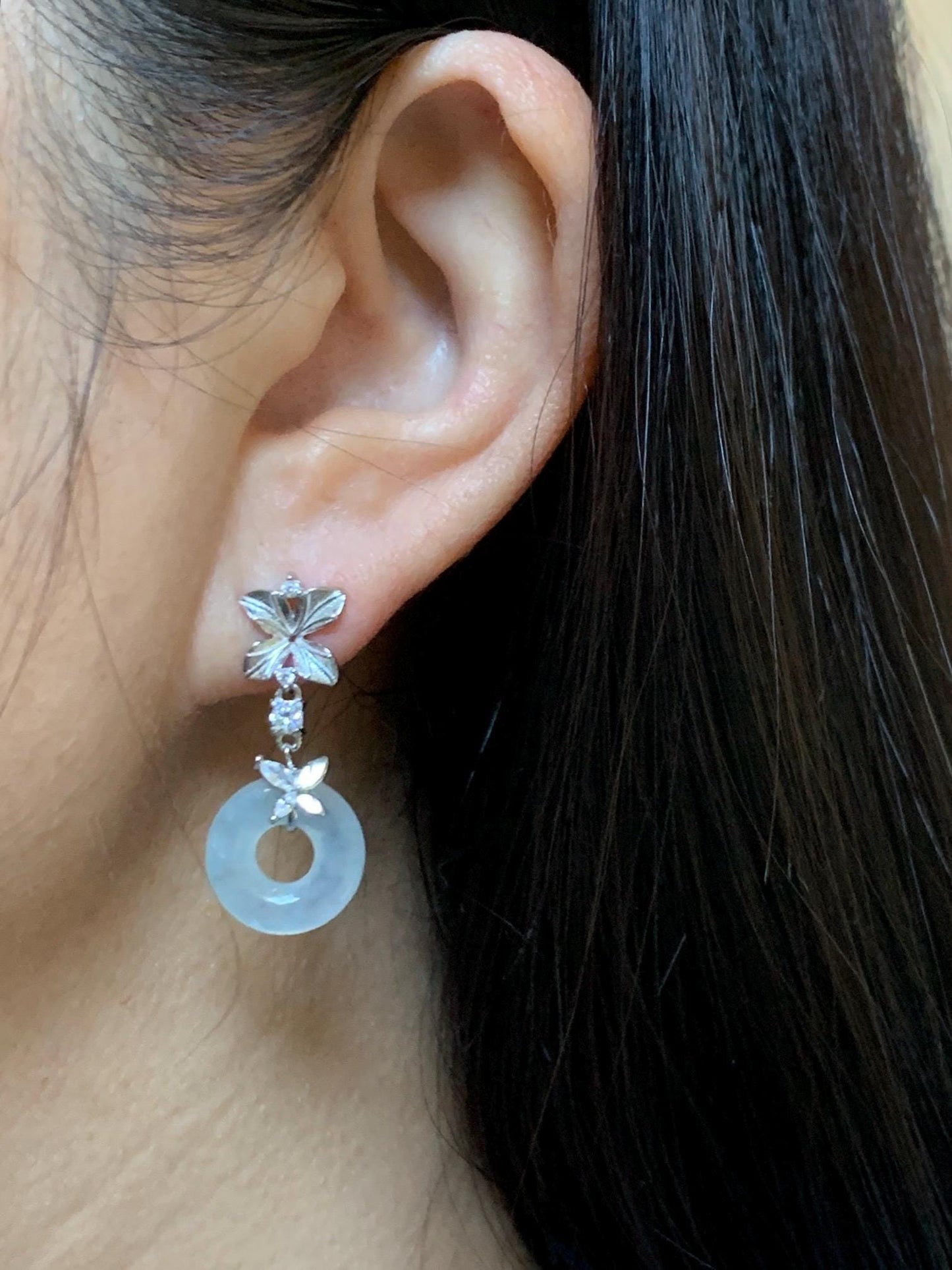 Natural Grade A Icy Translucent White Jade Jadeite Ping An Kou Donut Dangle Earrings Sterling Silver 天然白冰翡翠平安扣耳钩 MBK140B