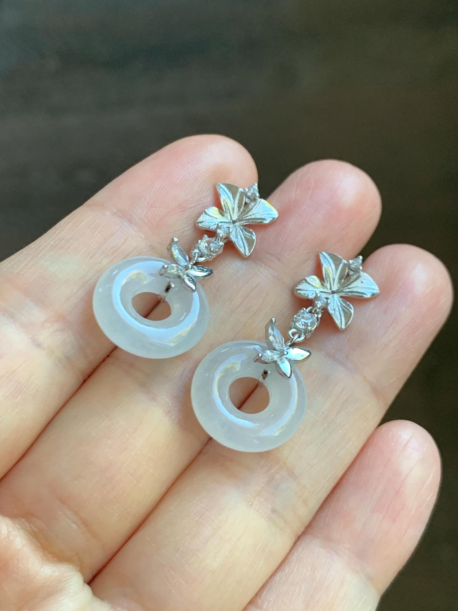 Natural Grade A Icy Translucent White Jade Jadeite Ping An Kou Donut Dangle Earrings Sterling Silver 天然白冰翡翠平安扣耳钩 MBK140B
