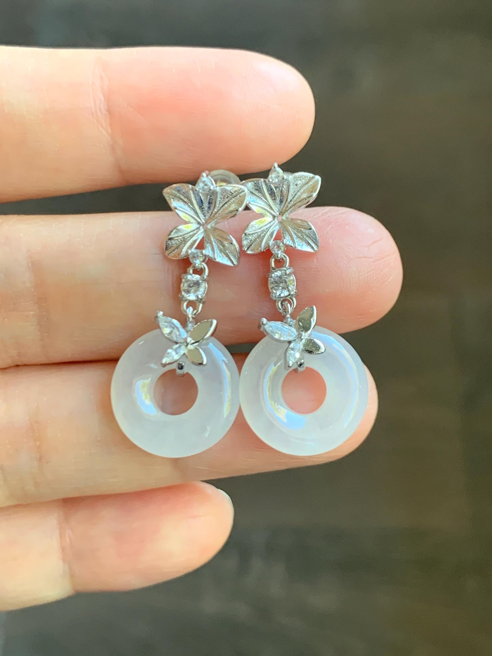 Natural Grade A Icy Translucent White Jade Jadeite Ping An Kou Donut Dangle Earrings Sterling Silver 天然白冰翡翠平安扣耳钩 MBK140B