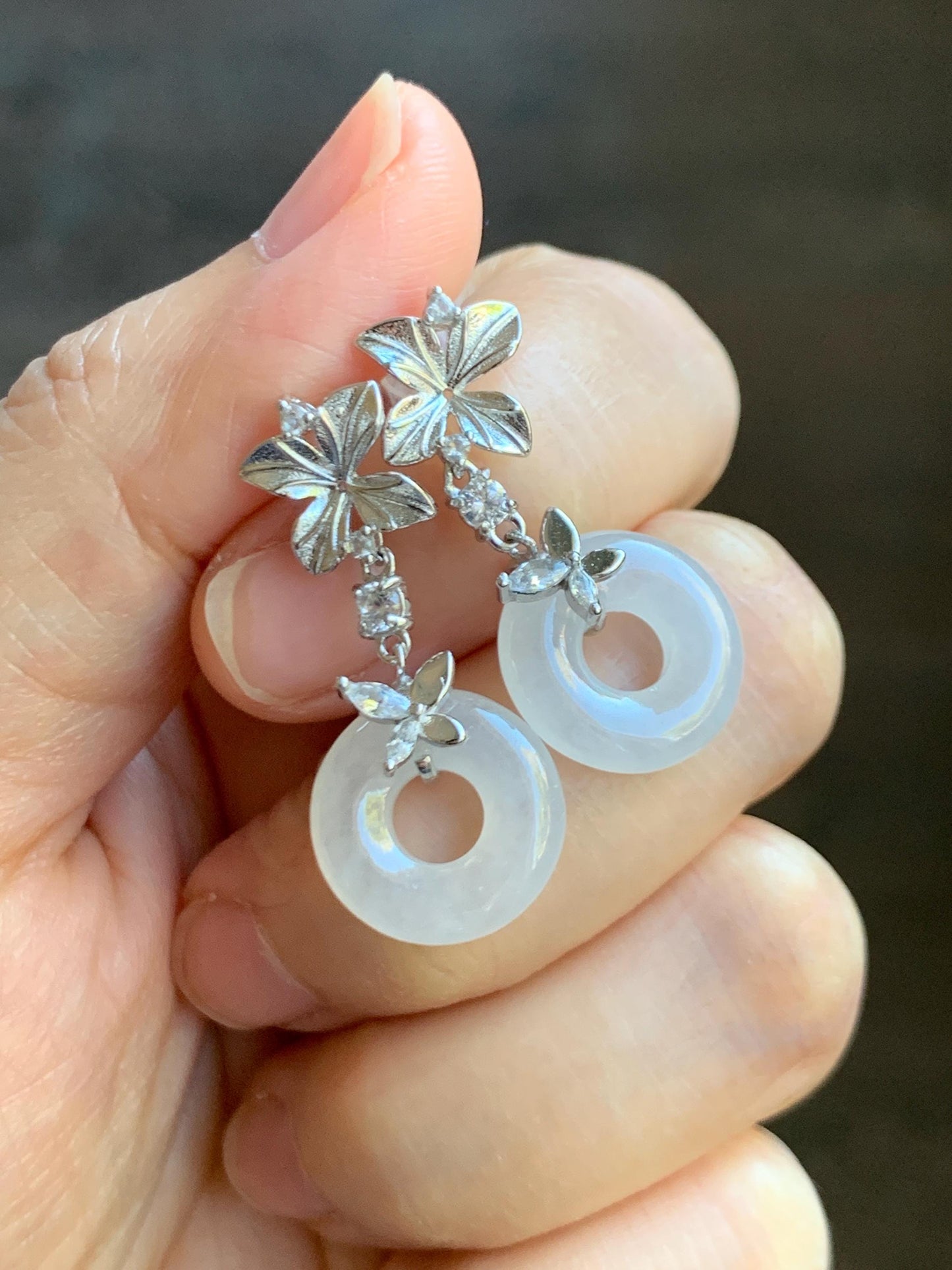 Natural Grade A Icy Translucent White Jade Jadeite Ping An Kou Donut Dangle Earrings Sterling Silver 天然白冰翡翠平安扣耳钩 MBK140B