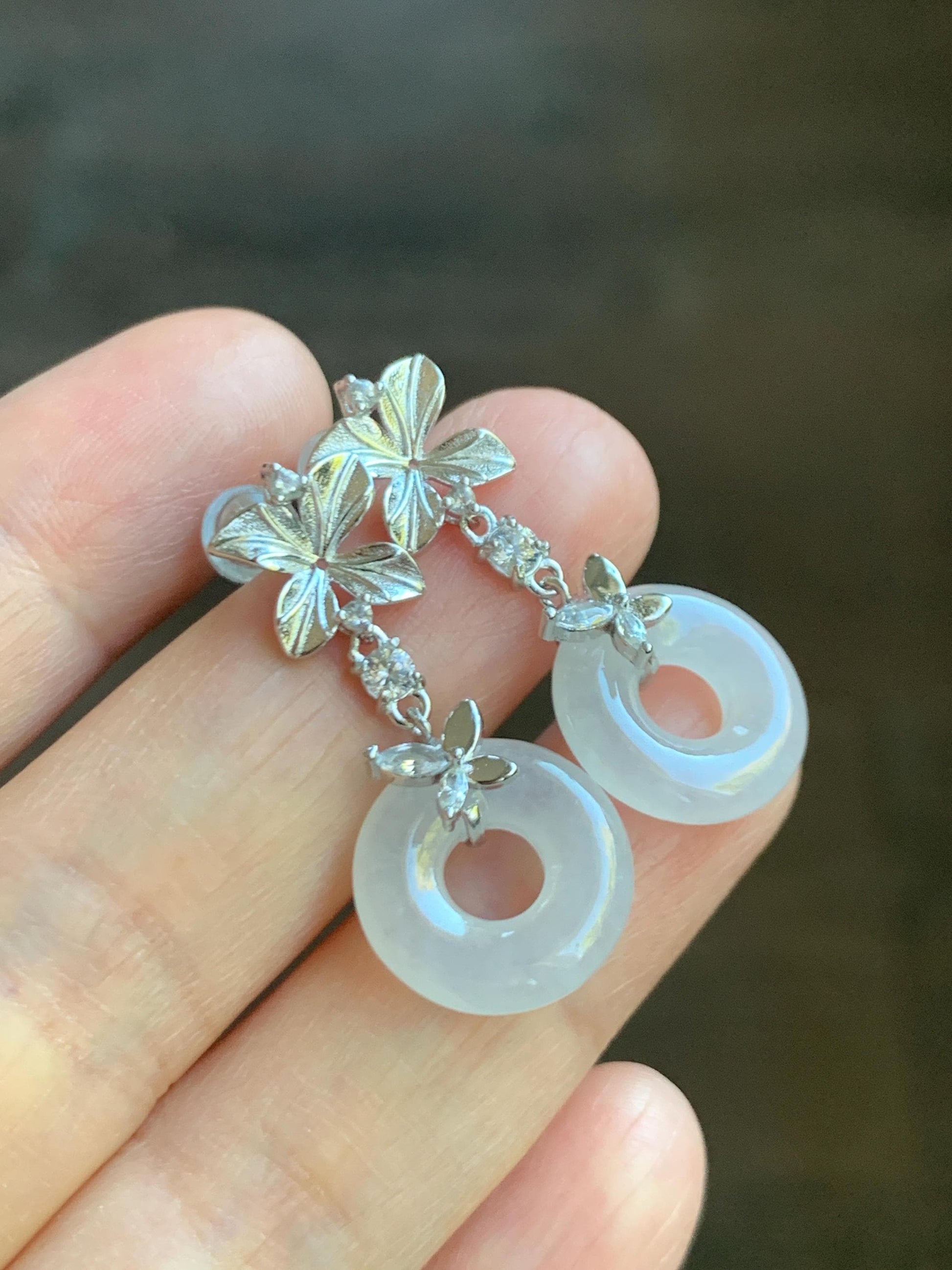 Natural Grade A Icy Translucent White Jade Jadeite Ping An Kou Donut Dangle Earrings Sterling Silver 天然白冰翡翠平安扣耳钩 MBK140B