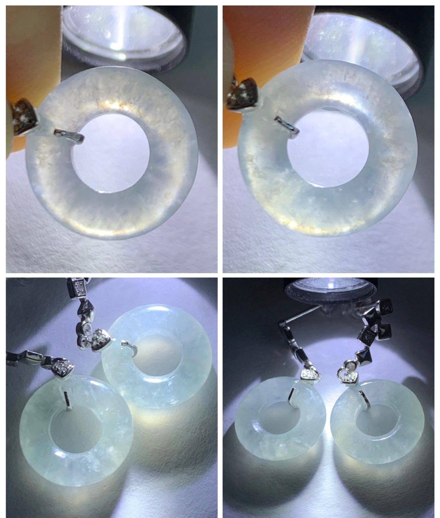 Natural Grade A Icy Translucent White Jade Jadeite Ping An Kou Donut Dangle Earrings Sterling Silver 天然白冰翡翠平安扣耳钩 MBK140C