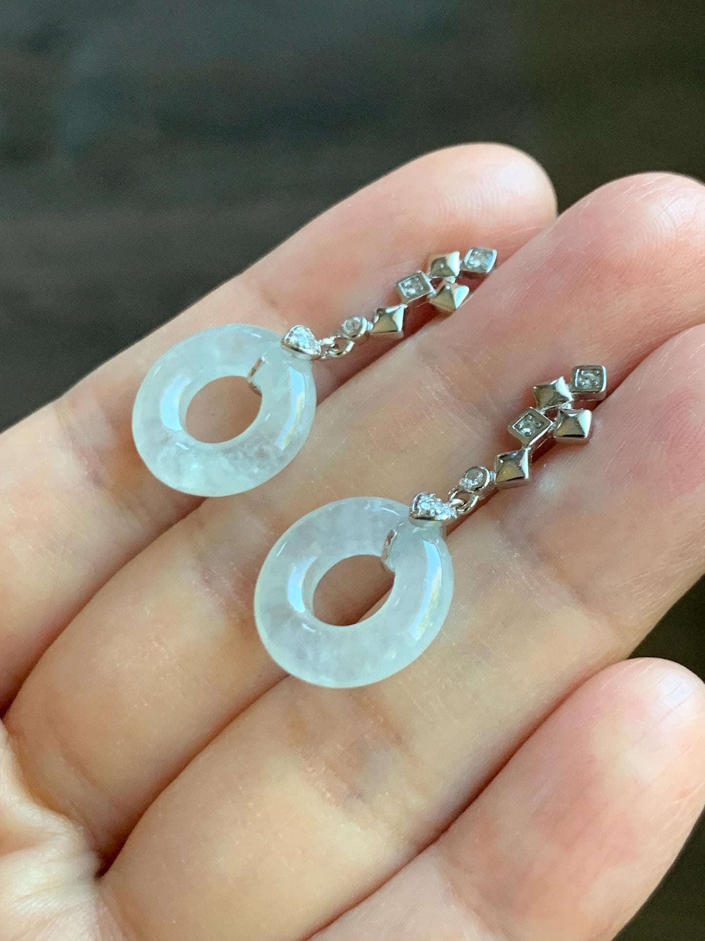 Natural Grade A Icy Translucent White Jade Jadeite Ping An Kou Donut Dangle Earrings Sterling Silver 天然白冰翡翠平安扣耳钩 MBK140C