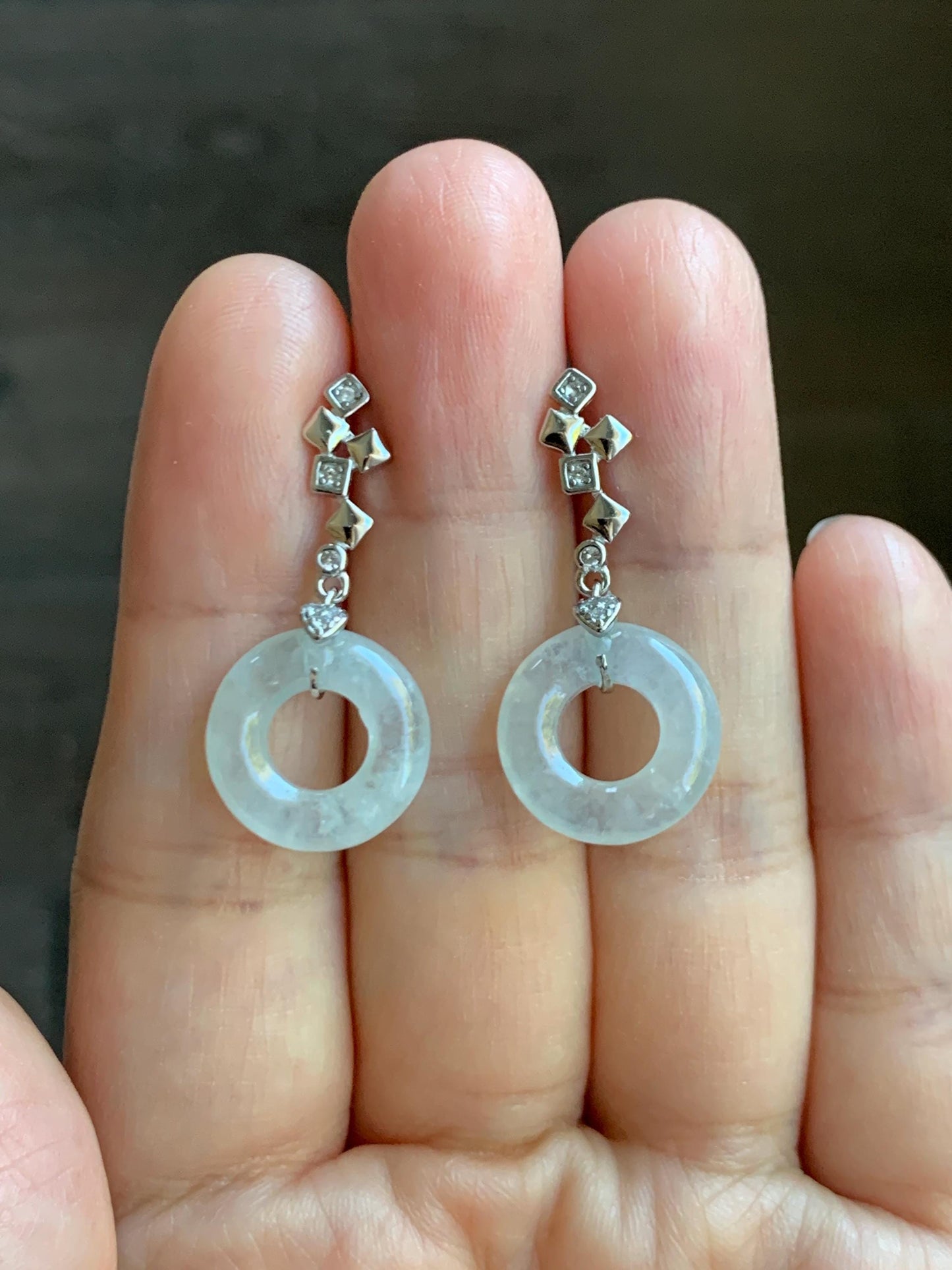 Natural Grade A Icy Translucent White Jade Jadeite Ping An Kou Donut Dangle Earrings Sterling Silver 天然白冰翡翠平安扣耳钩 MBK140C