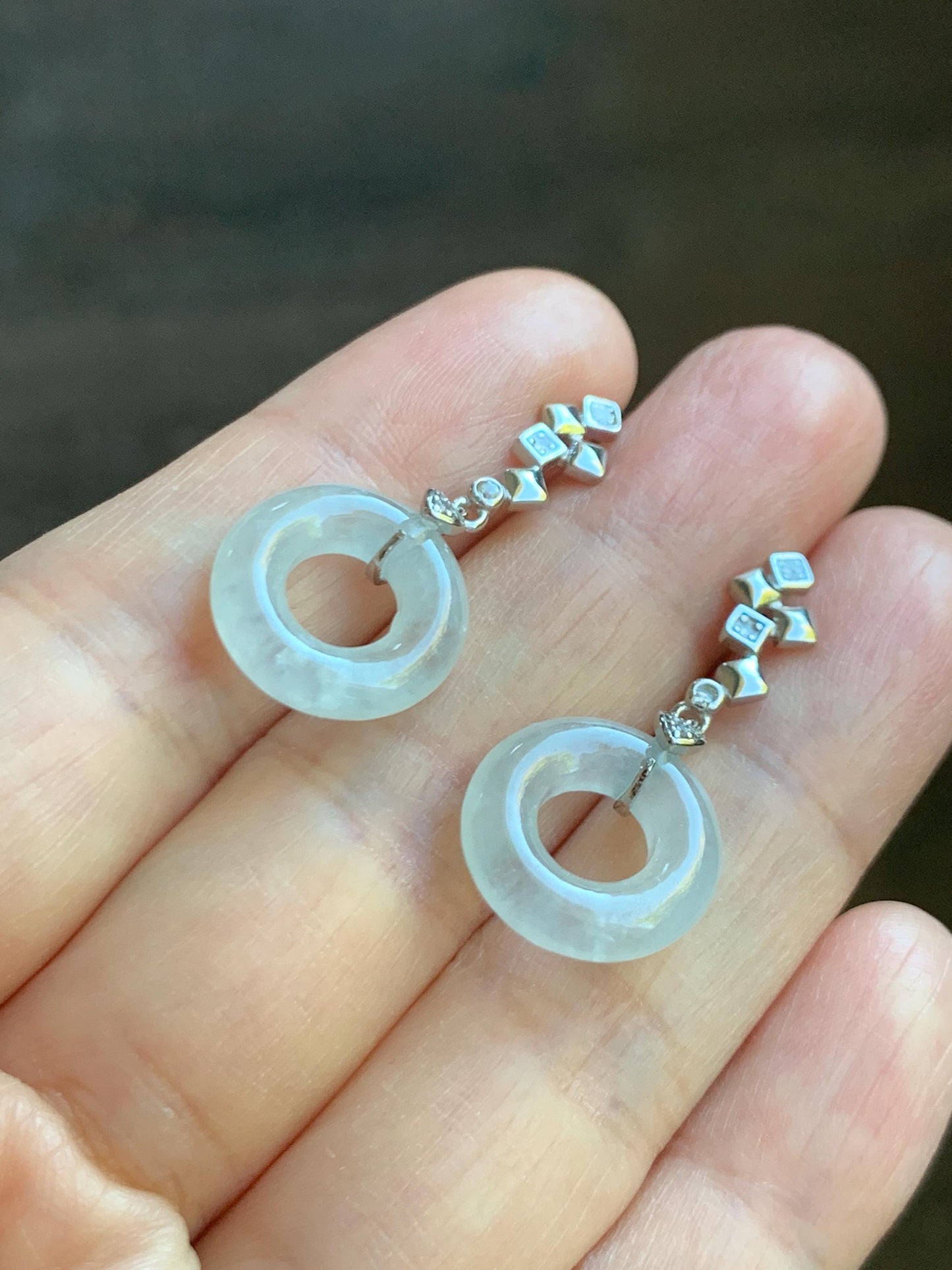 Natural Grade A Icy Translucent White Jade Jadeite Ping An Kou Donut Dangle Earrings Sterling Silver 天然白冰翡翠平安扣耳钩 MBK140C